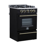 Forno Breno 24 Inch Freestanding Gas Range in Black with Antique Brass, Plug Included, Energy Efficient - BonPrix Électroménagers