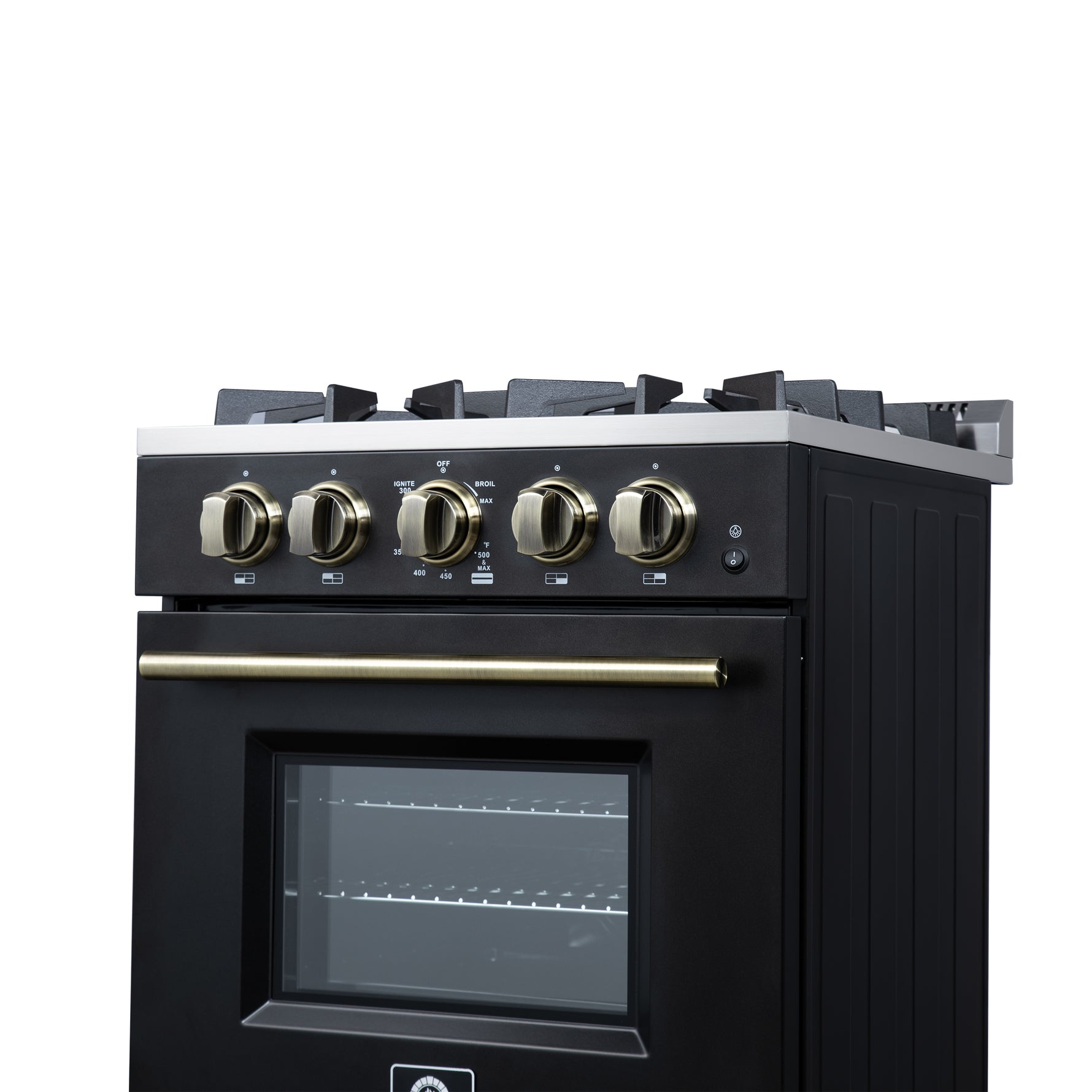 Forno Breno 24 Inch Freestanding Gas Range in Black with Antique Brass, Plug Included, Energy Efficient - BonPrix Électroménagers