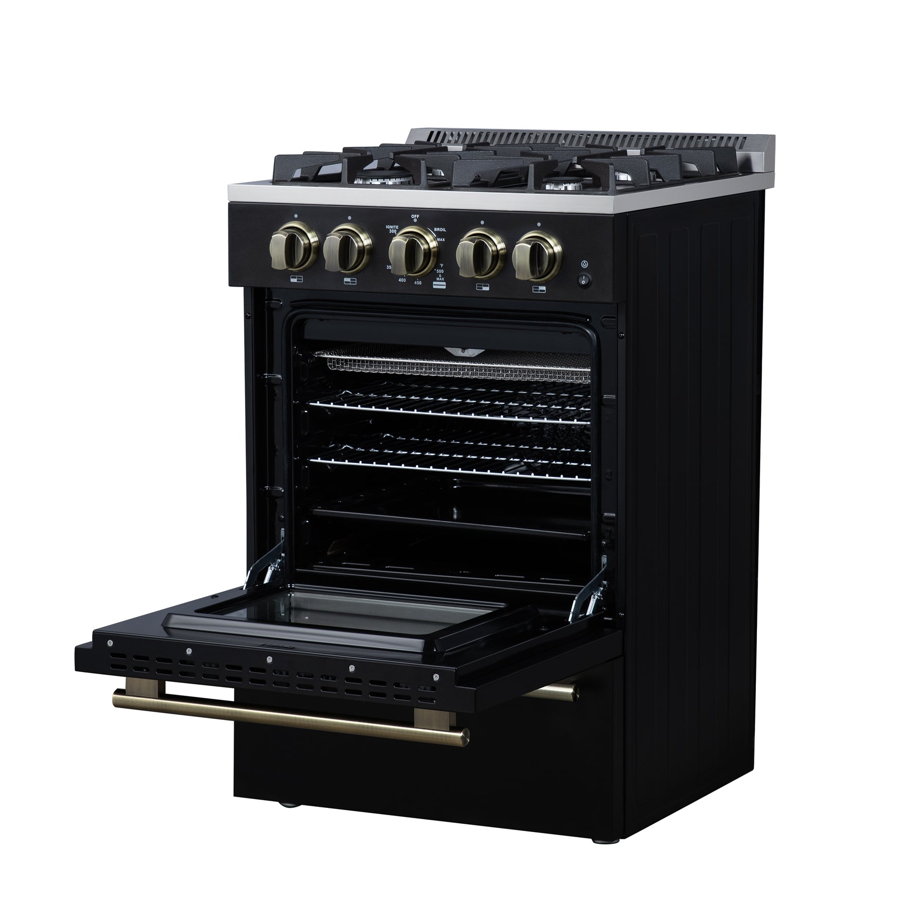 Forno Breno 24 Inch Freestanding Gas Range in Black with Antique Brass, Plug Included, Energy Efficient - BonPrix Électroménagers
