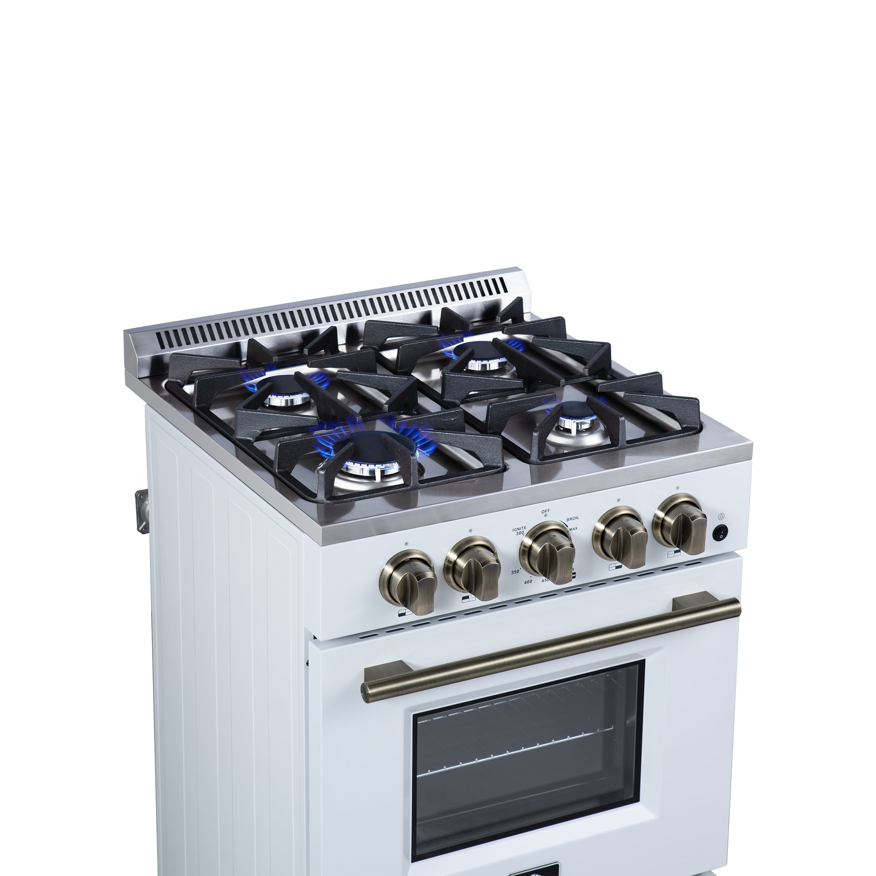 Forno Breno 24 Inch Freestanding Gas Range in White with Antique Brass, Plug Included, Energy Efficient - BonPrix Électroménagers