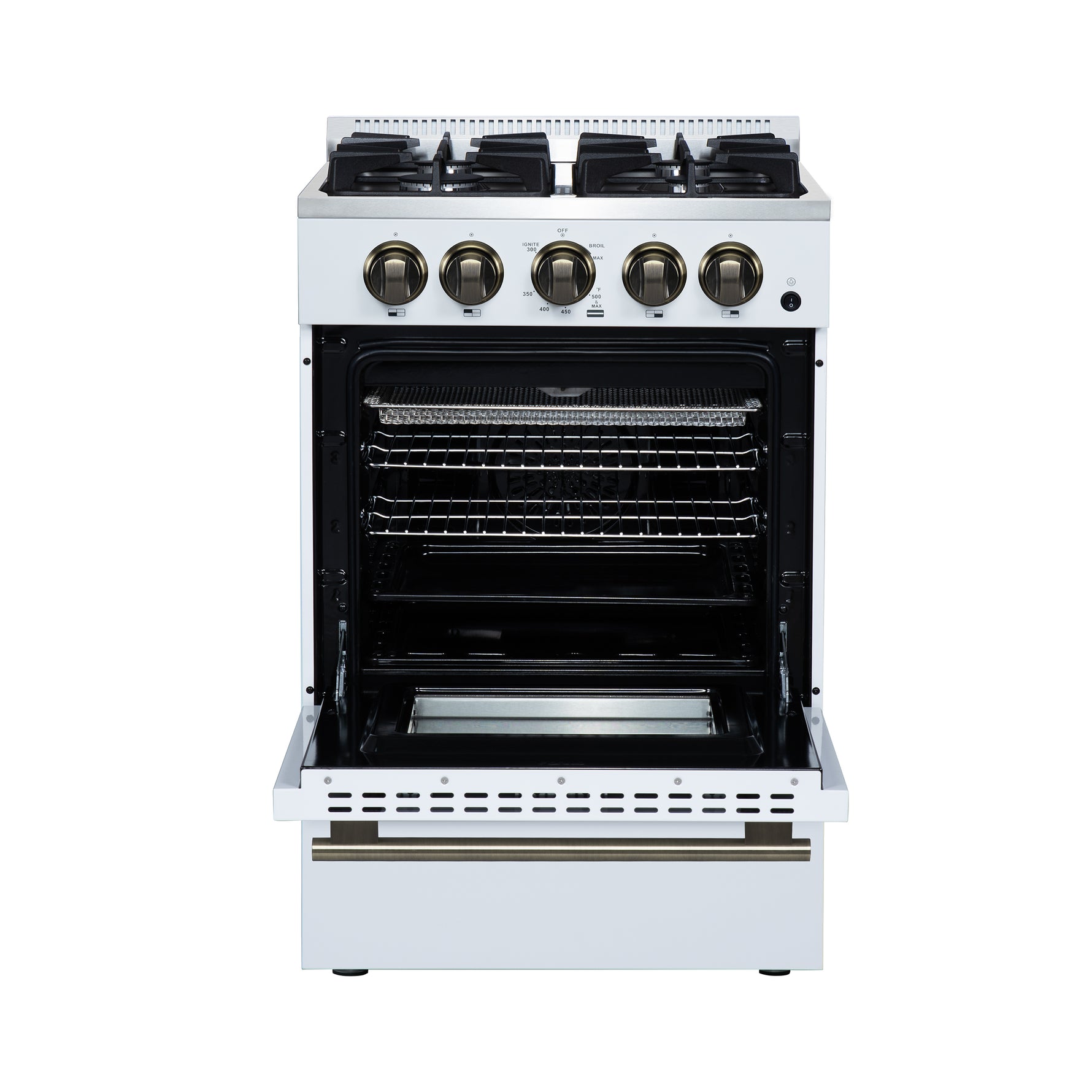 Forno Breno 24 Inch Freestanding Gas Range in White with Antique Brass, Plug Included, Energy Efficient - BonPrix Électroménagers