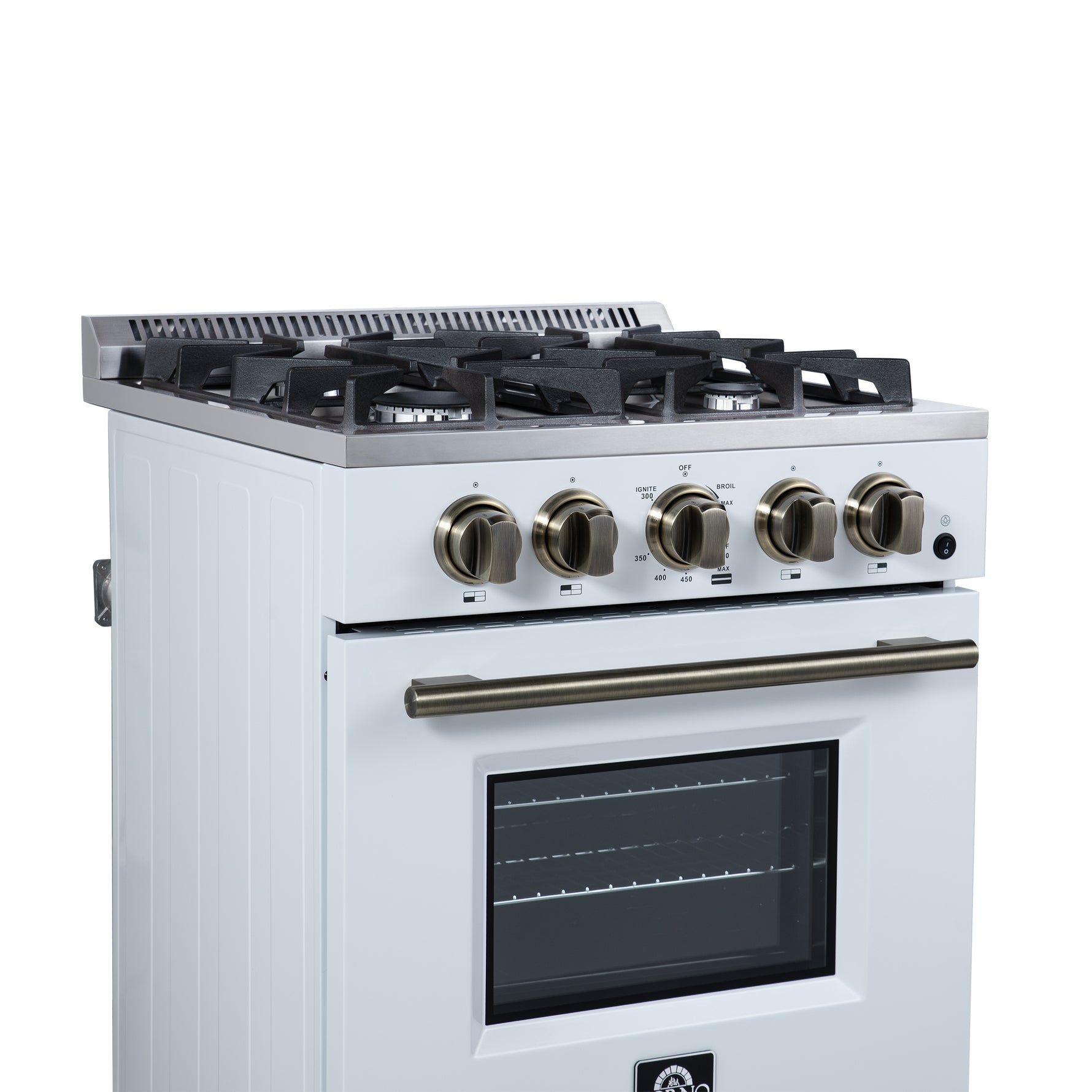 Forno Breno 24 Inch Freestanding Gas Range in White with Antique Brass, Plug Included, Energy Efficient - BonPrix Électroménagers