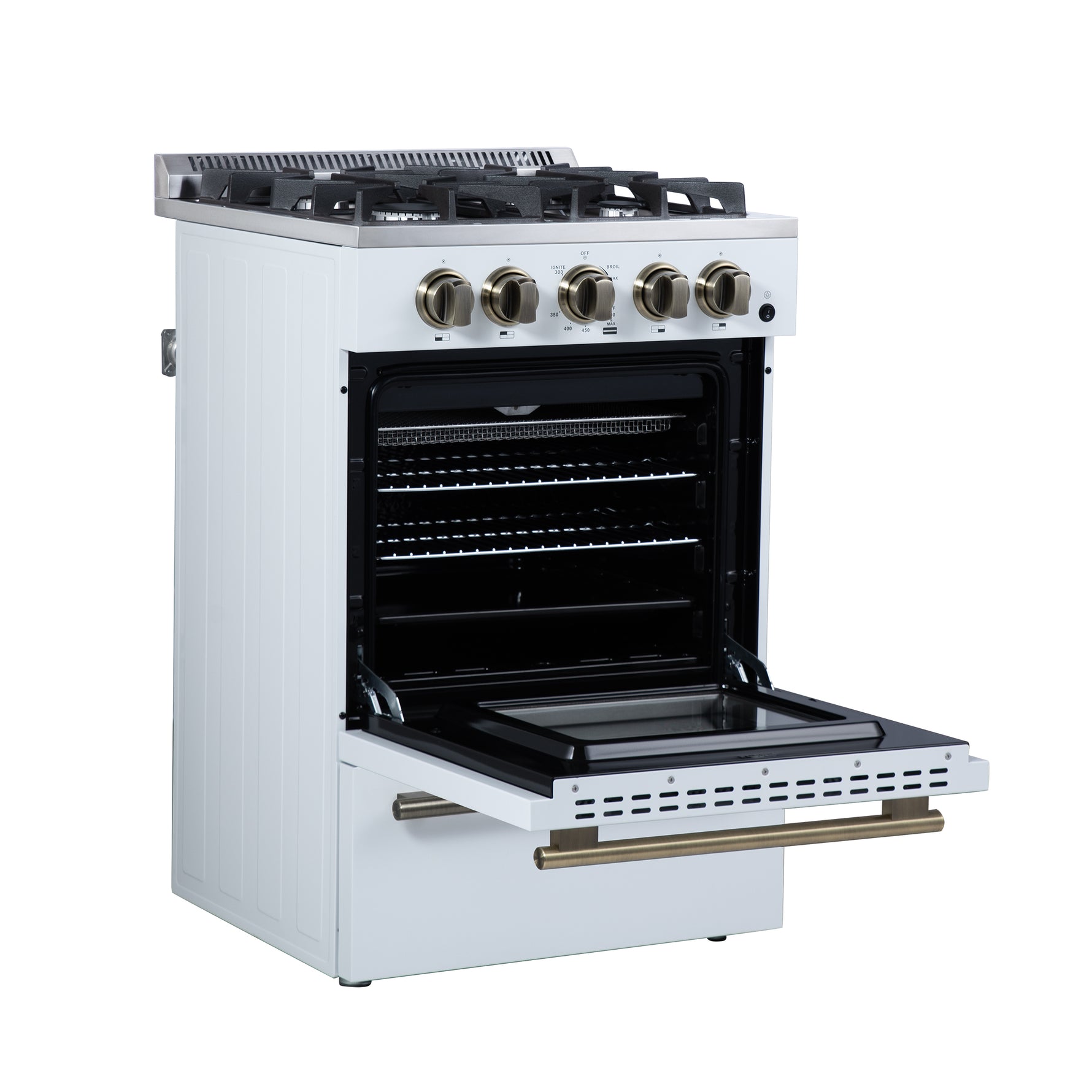 Forno Breno 24 Inch Freestanding Gas Range in White with Antique Brass, Plug Included, Energy Efficient - BonPrix Électroménagers