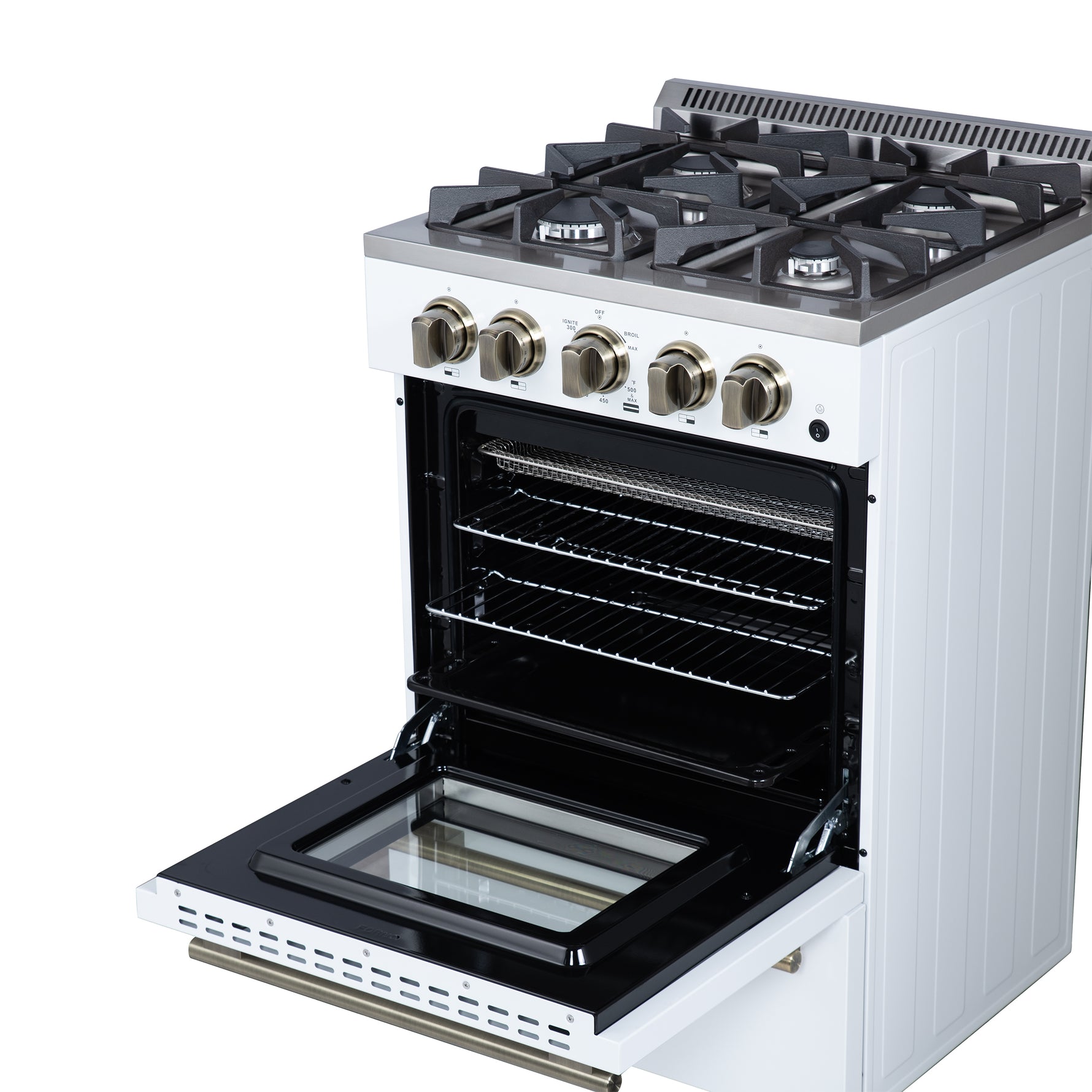 Forno Breno 24 Inch Freestanding Gas Range in White with Antique Brass, Plug Included, Energy Efficient - BonPrix Électroménagers