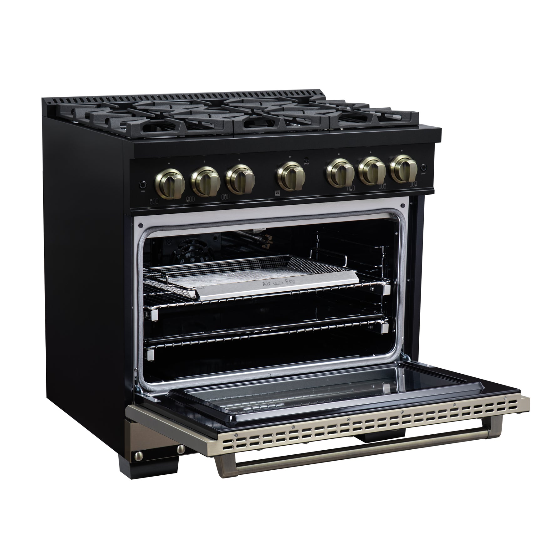 Valente 36" Gas Range in Black, 6 Sealed Burnes, 71 000 BTU Cooktop Output , 5.2 Cu.Ft. convection Oven, Telescopic Racks - BonPrix Électroménagers