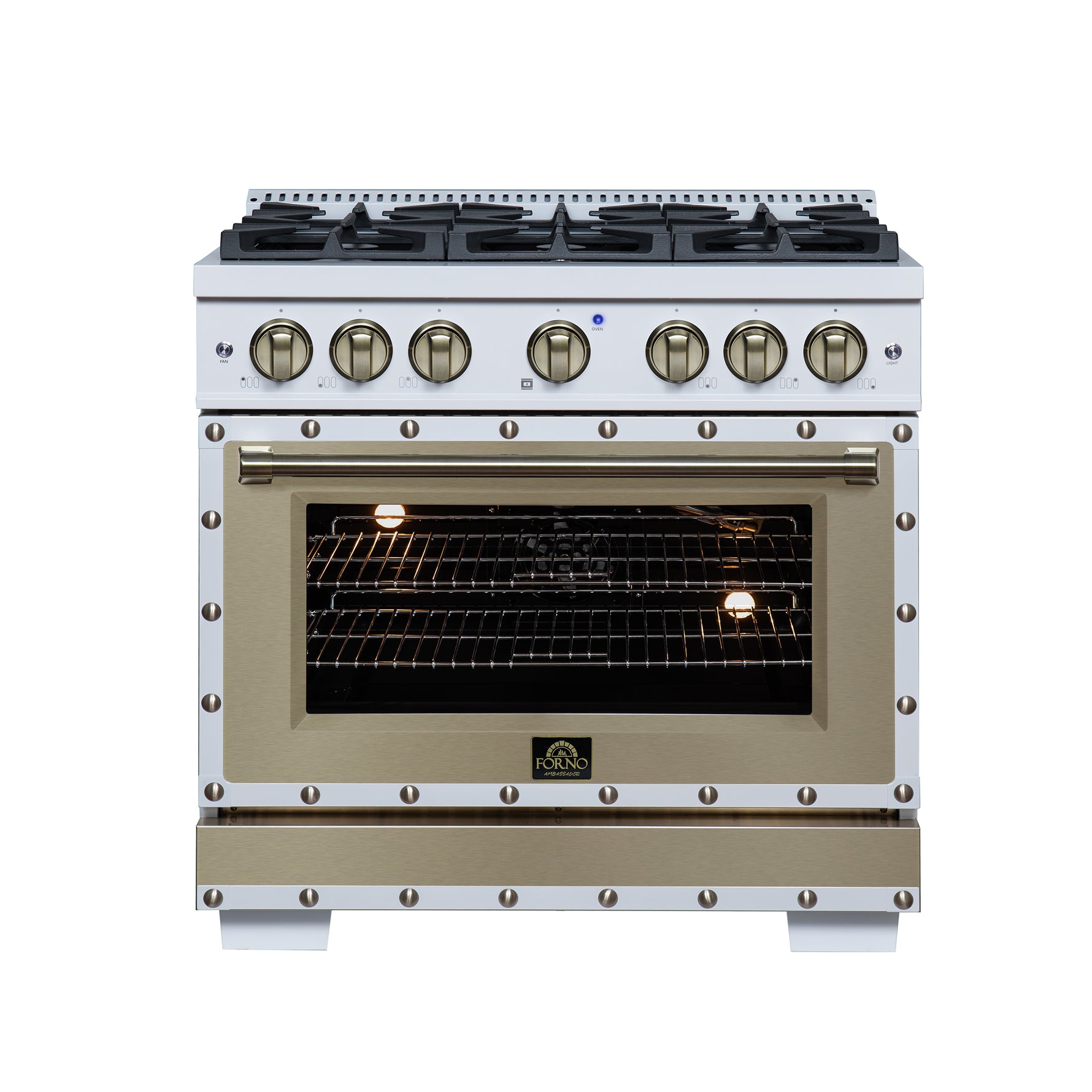 Valente 36" Gas Range in White, 6 Sealed Burnes, 71 000 BTU Cooktop Output , 5.2 Cu.Ft. convection Oven, Telescopic Racks - BonPrix Électroménagers