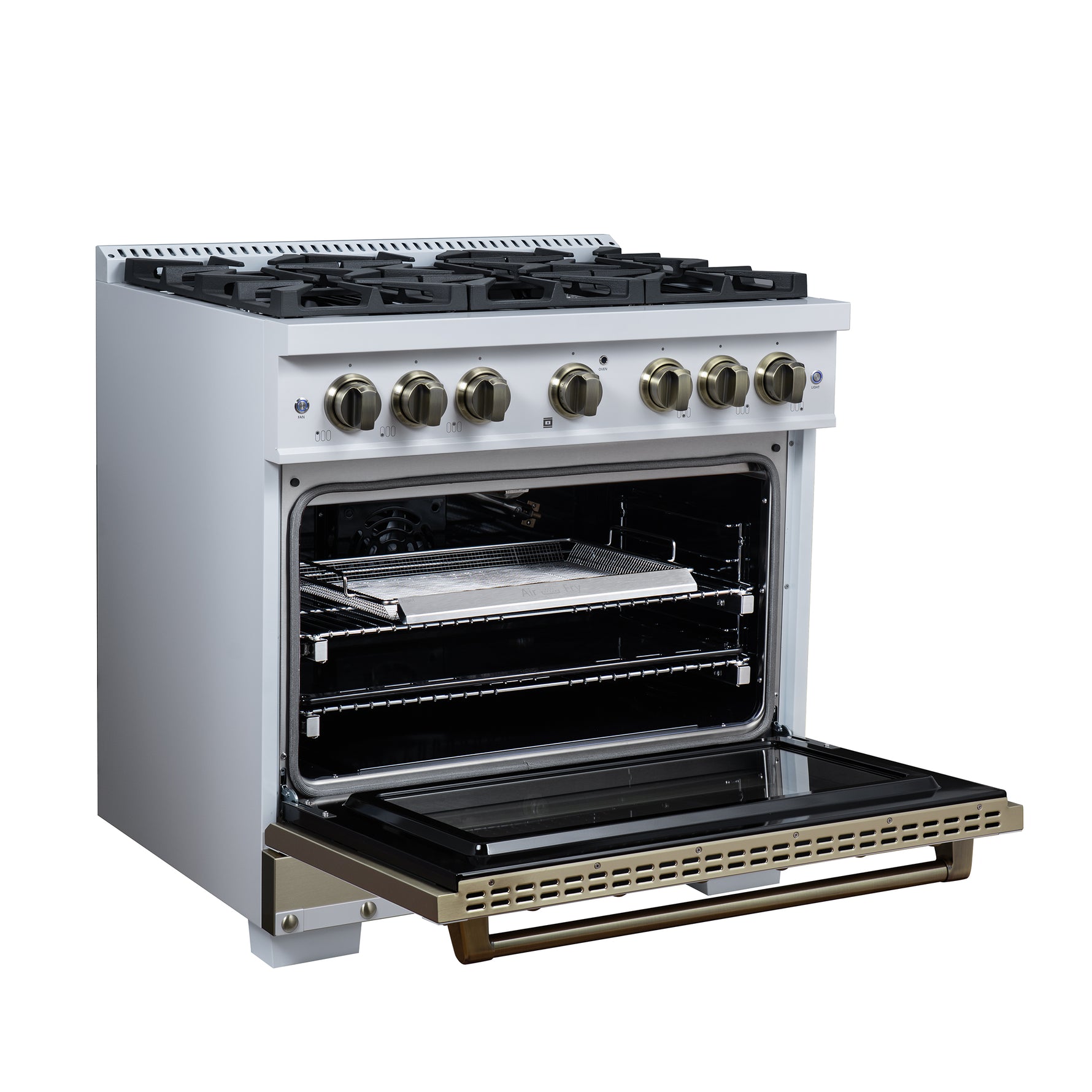 Valente 36" Gas Range in White, 6 Sealed Burnes, 71 000 BTU Cooktop Output , 5.2 Cu.Ft. convection Oven, Telescopic Racks - BonPrix Électroménagers