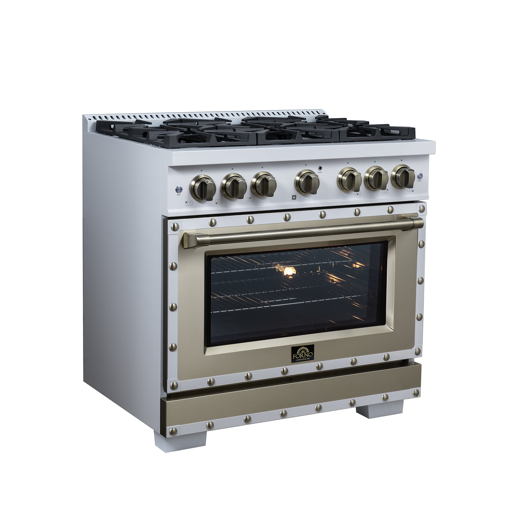Valente 36" Gas Range in White, 6 Sealed Burnes, 71 000 BTU Cooktop Output , 5.2 Cu.Ft. convection Oven, Telescopic Racks - BonPrix Électroménagers