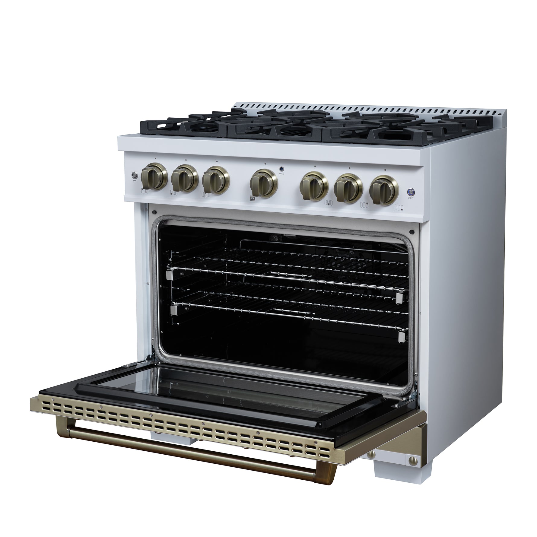 Valente 36" Gas Range in White, 6 Sealed Burnes, 71 000 BTU Cooktop Output , 5.2 Cu.Ft. convection Oven, Telescopic Racks - BonPrix Électroménagers
