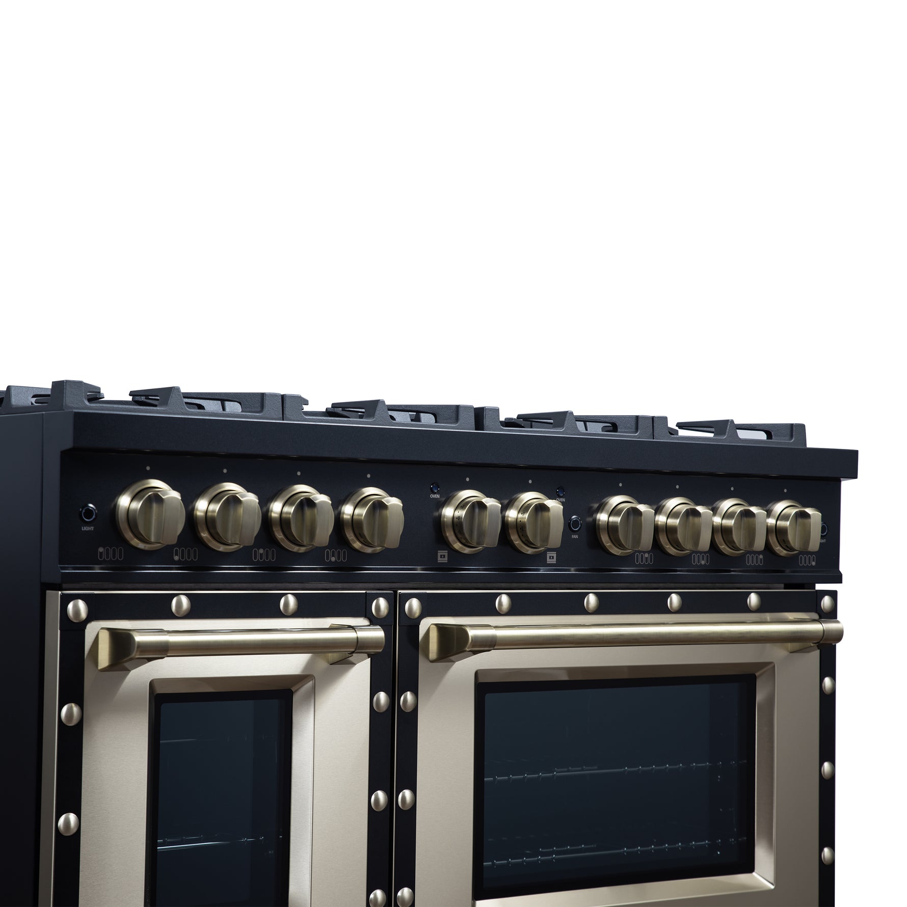 Valente 48" Gas Range in Black, 8 Sealed Burnes, 94 000 BTU Cooktop Output, 6.7 Cu.Ft. Double Oven, Telescopic Racks - BonPrix Électroménagers
