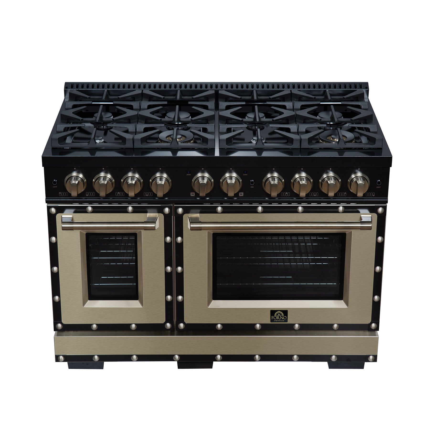 Valente 48" Gas Range in Black, 8 Sealed Burnes, 94 000 BTU Cooktop Output, 6.7 Cu.Ft. Double Oven, Telescopic Racks - BonPrix Électroménagers