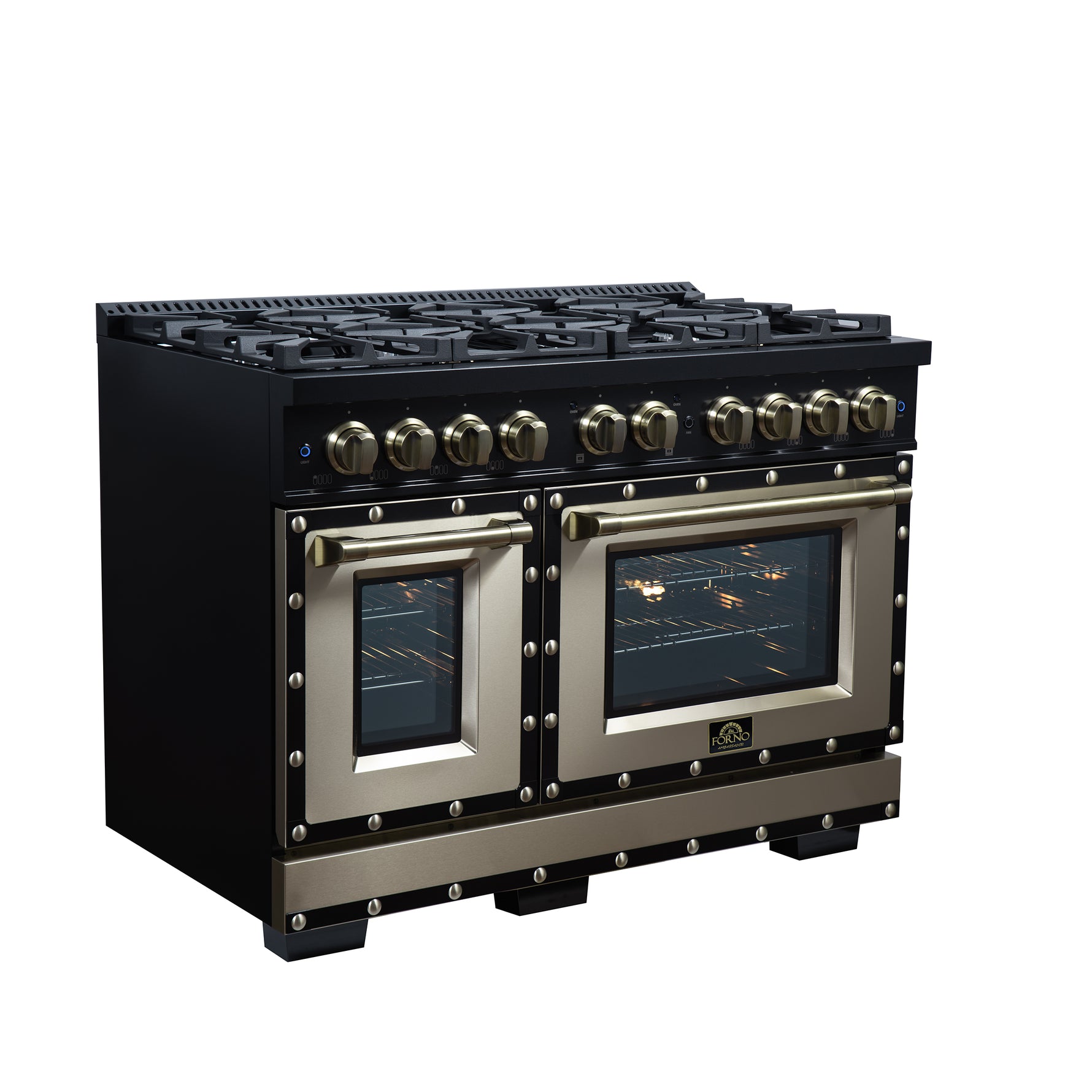 Valente 48" Gas Range in Black, 8 Sealed Burnes, 94 000 BTU Cooktop Output, 6.7 Cu.Ft. Double Oven, Telescopic Racks - BonPrix Électroménagers