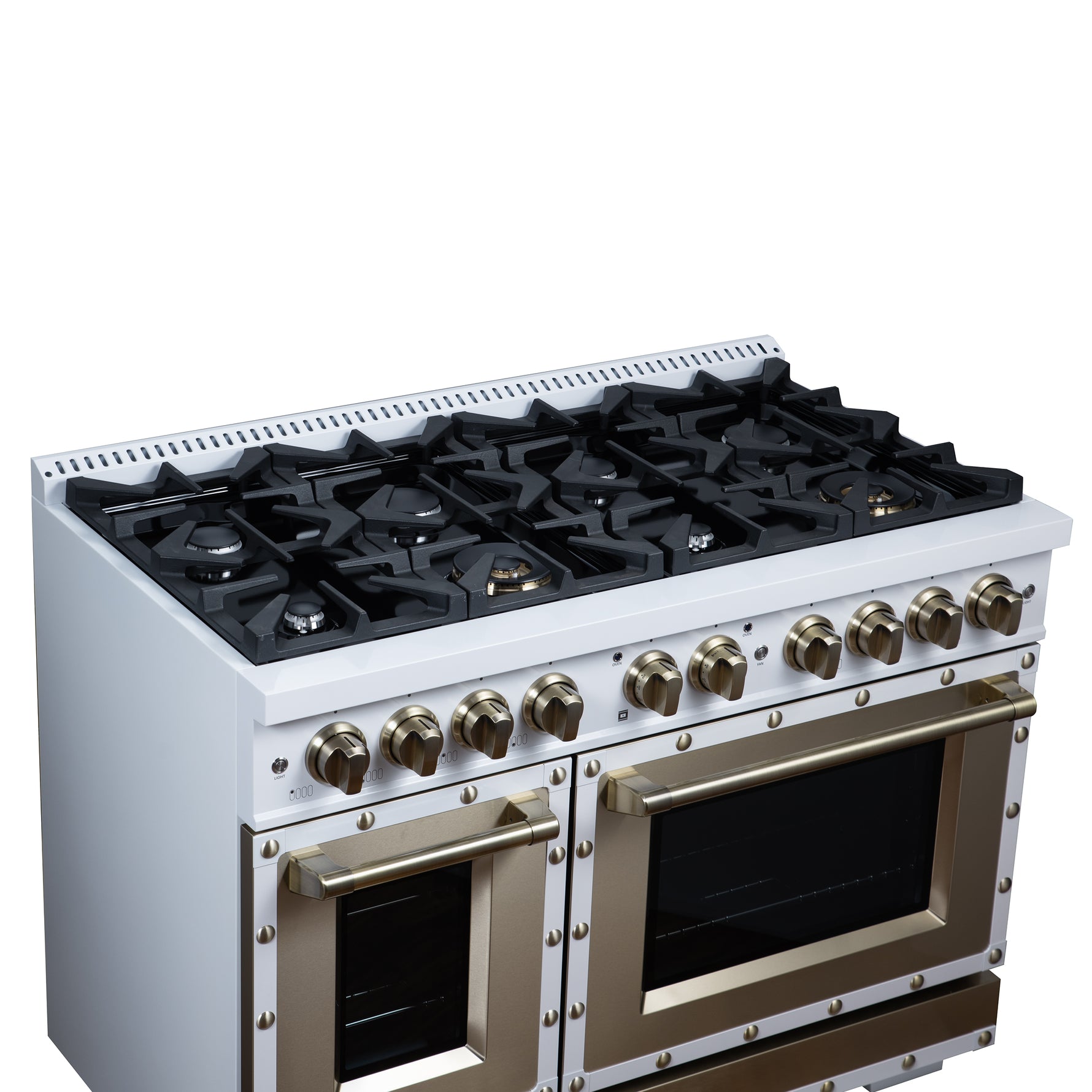 Valente 48" Gas Range in White, 8 Sealed Burnes, 94 000 BTU Cooktop Output, 6.7 Cu.Ft. Double Oven, Telescopic Racks - BonPrix Électroménagers