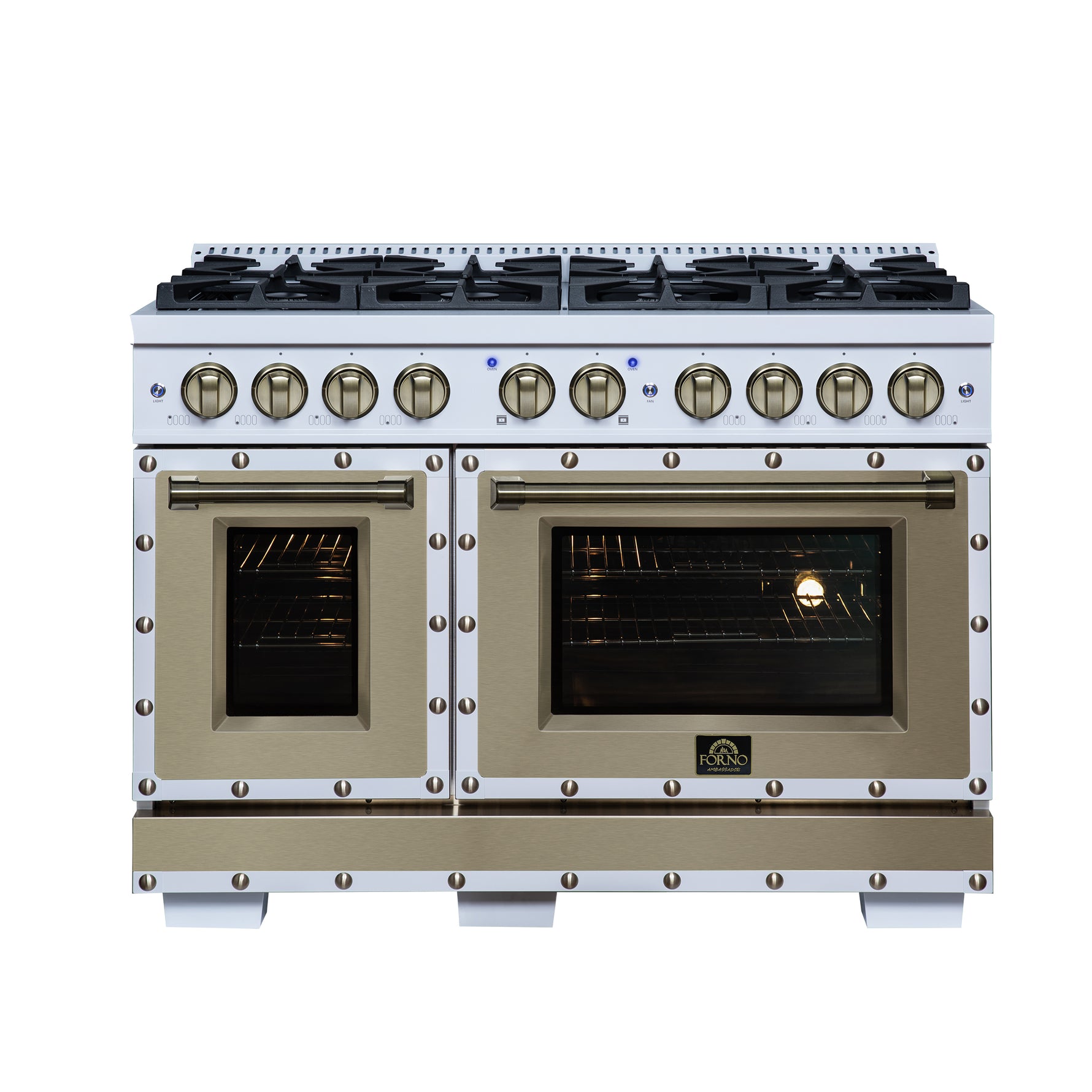 Valente 48" Gas Range in White, 8 Sealed Burnes, 94 000 BTU Cooktop Output, 6.7 Cu.Ft. Double Oven, Telescopic Racks - BonPrix Électroménagers