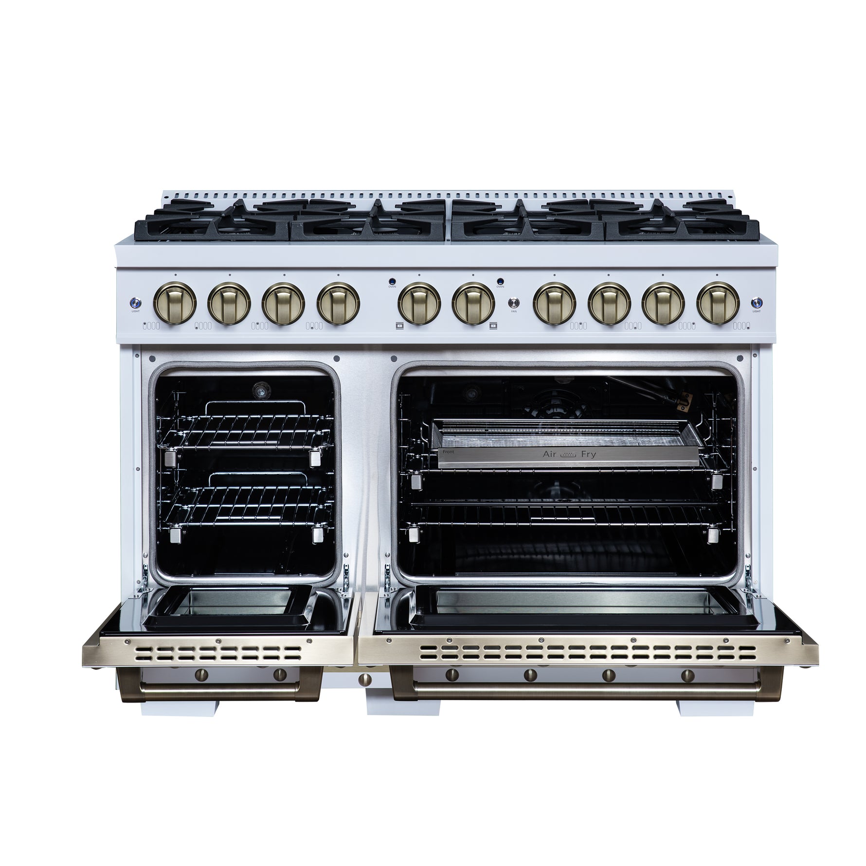 Valente 48" Gas Range in White, 8 Sealed Burnes, 94 000 BTU Cooktop Output, 6.7 Cu.Ft. Double Oven, Telescopic Racks - BonPrix Électroménagers