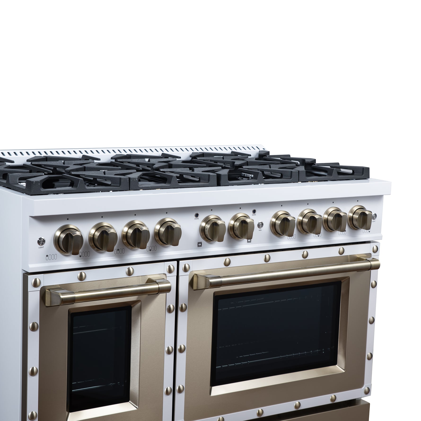 Valente 48" Gas Range in White, 8 Sealed Burnes, 94 000 BTU Cooktop Output, 6.7 Cu.Ft. Double Oven, Telescopic Racks - BonPrix Électroménagers