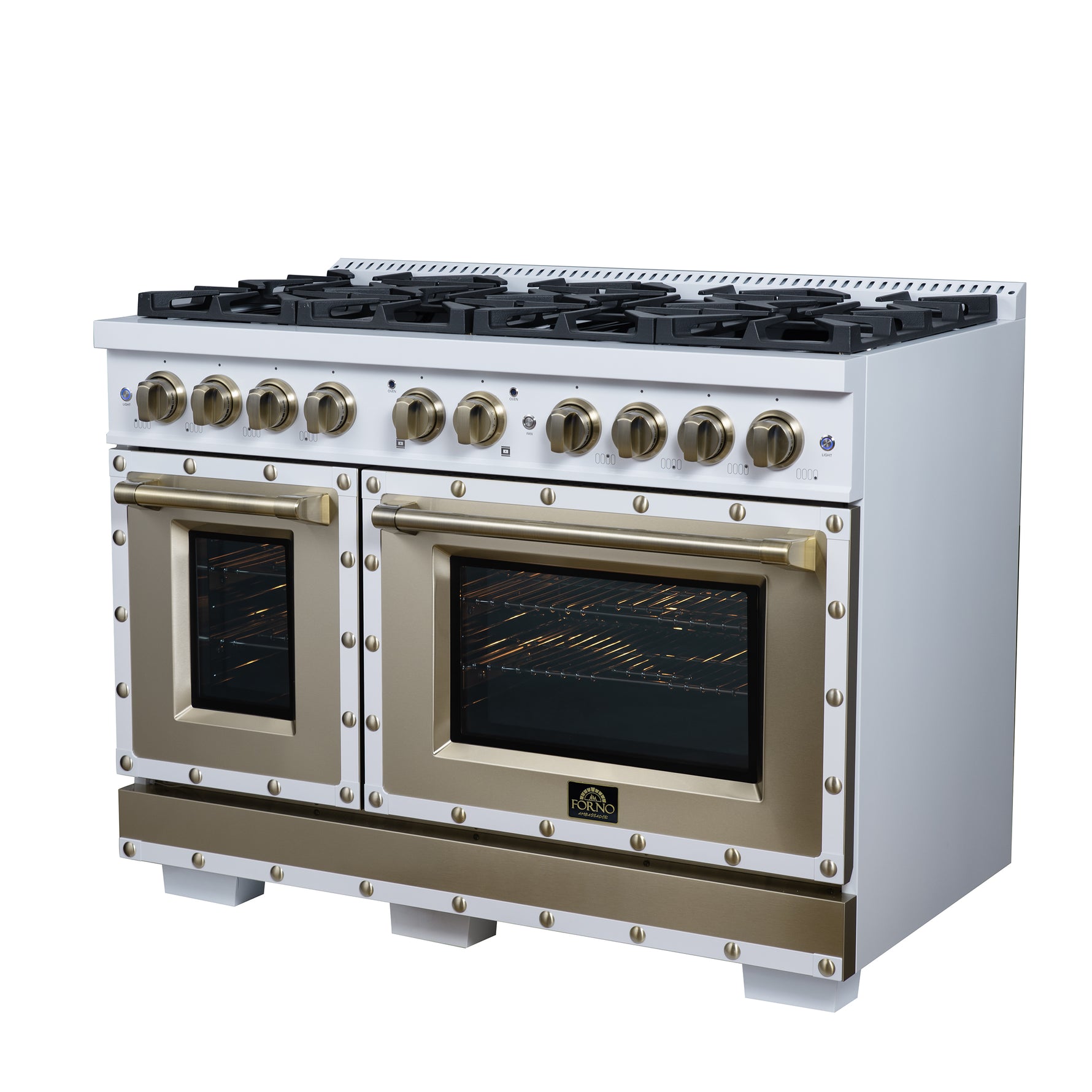 Valente 48" Gas Range in White, 8 Sealed Burnes, 94 000 BTU Cooktop Output, 6.7 Cu.Ft. Double Oven, Telescopic Racks - BonPrix Électroménagers
