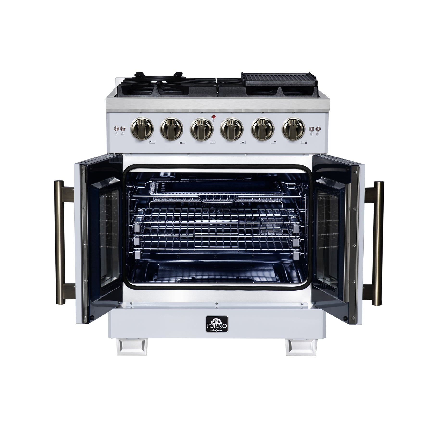 Forno Capriasca 30-Inch White Freestanding French Door Gas Range, 4 Burners, Convection Oven, Energy Efficient - BonPrix Électroménagers