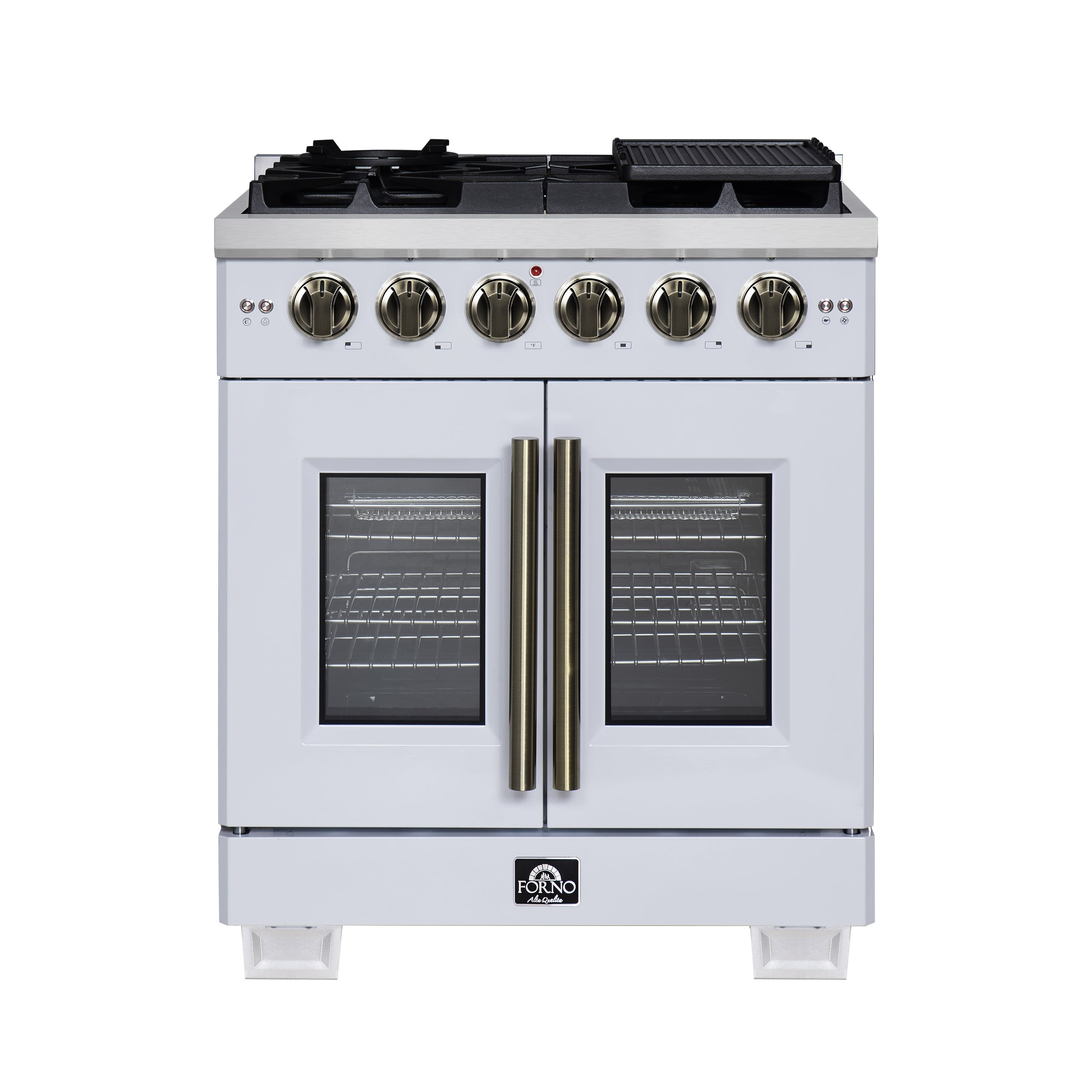 Forno Capriasca 30-Inch White Freestanding French Door Gas Range, 4 Burners, Convection Oven, Energy Efficient - BonPrix Électroménagers