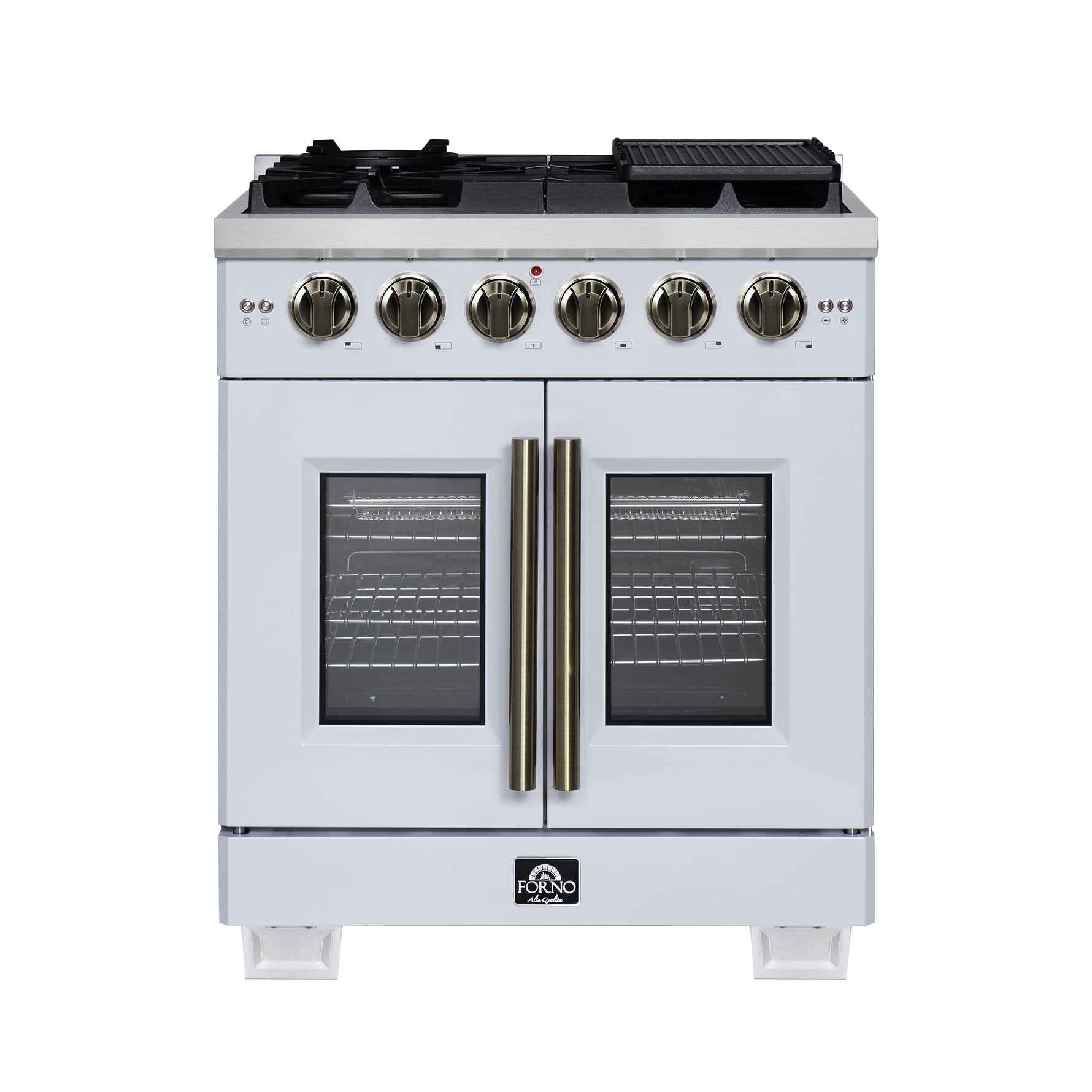 Forno Capriasca 30-Inch White Freestanding French Door Gas Range, 4 Burners, Convection Oven, Energy Efficient - BonPrix Électroménagers