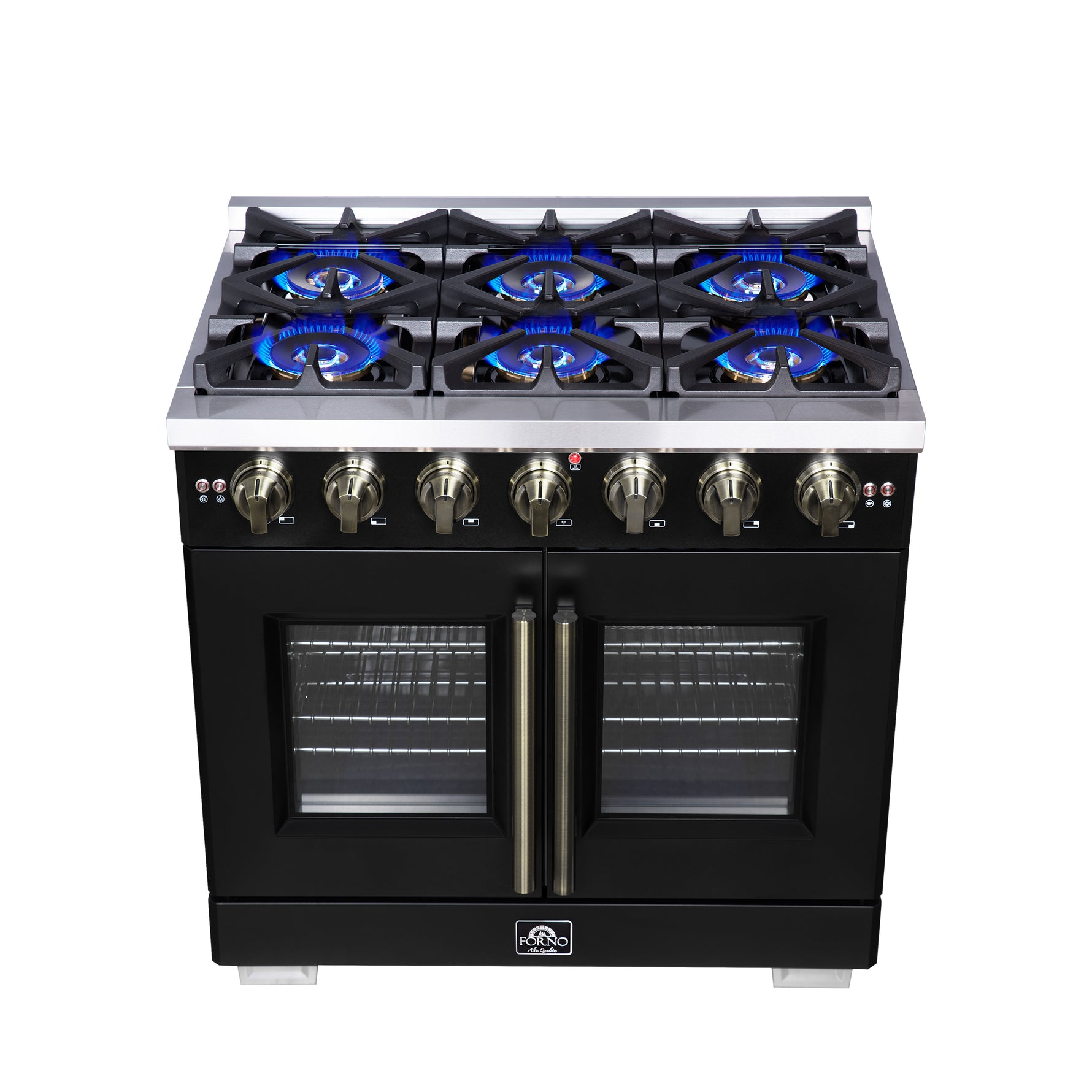 Forno Capriasca 36-Inch Black Freestanding French Door Gas Range, 6 Burners, Convection Oven, Energy Efficient - BonPrix Électroménagers