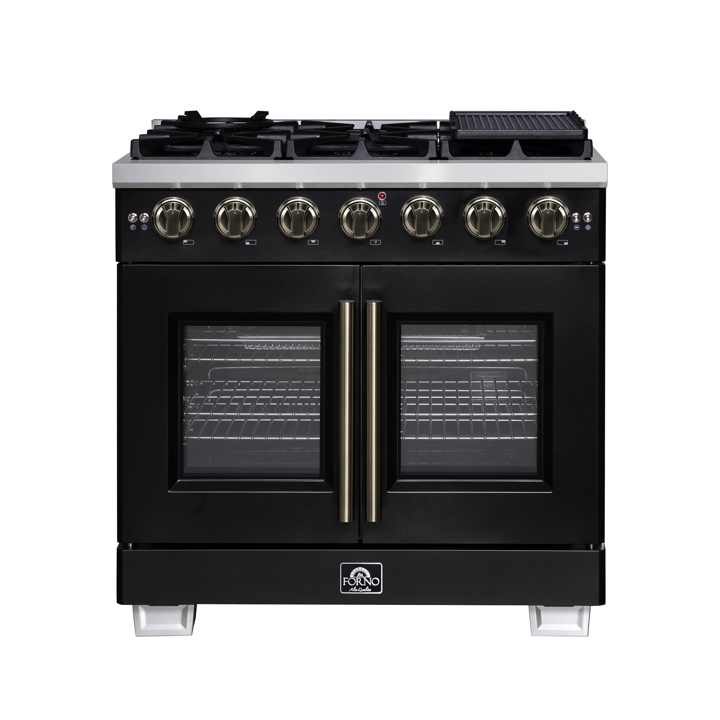 Forno Capriasca 36-Inch Black Freestanding French Door Gas Range, 6 Burners, Convection Oven, Energy Efficient - BonPrix Électroménagers