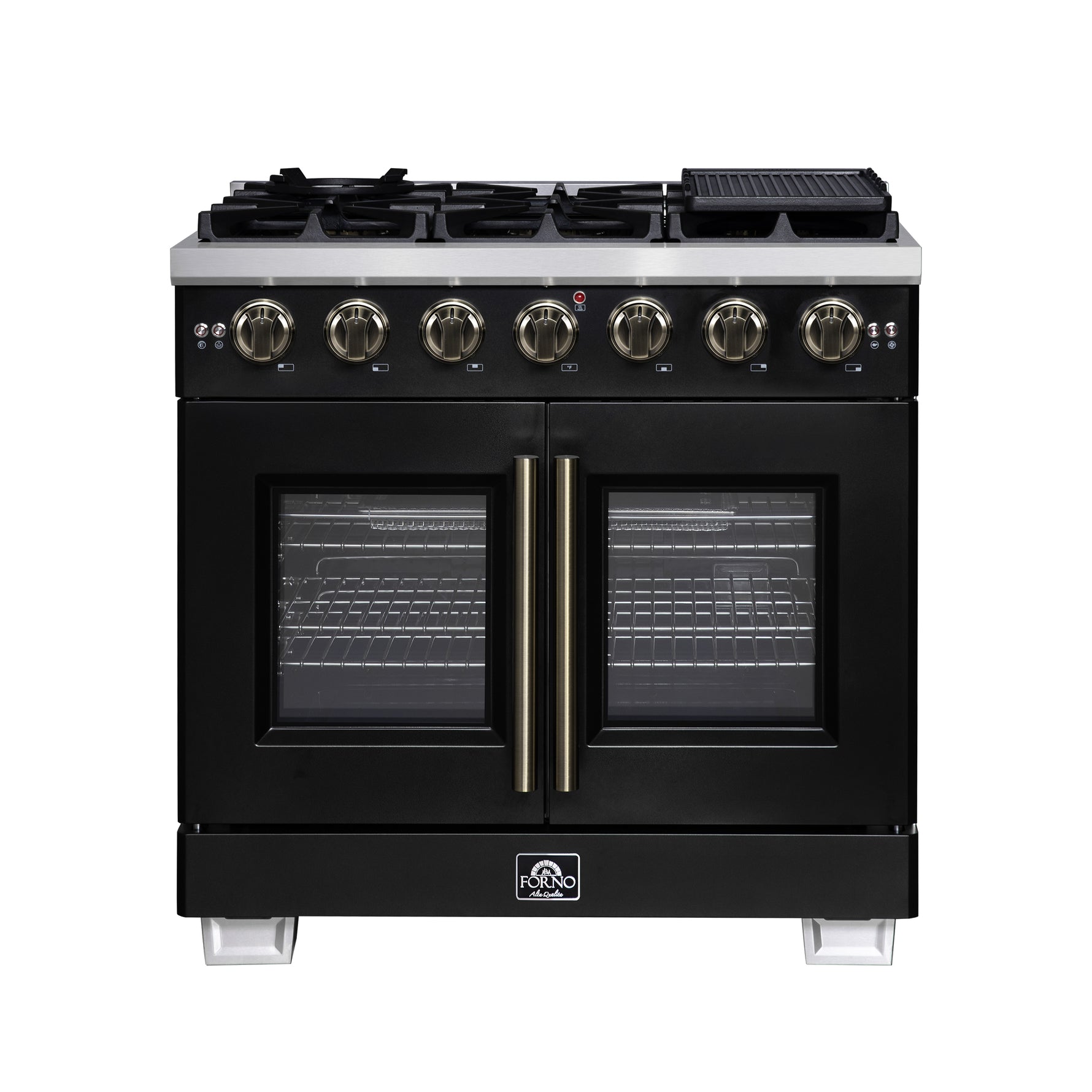 Forno Capriasca 36-Inch Black Freestanding French Door Gas Range, 6 Burners, Convection Oven, Energy Efficient - BonPrix Électroménagers