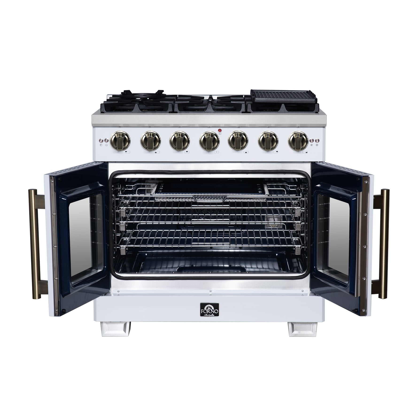Forno Capriasca 36-Inch White Freestanding French Door Gas Range, 6 Burners, Convection Oven, Energy Efficient - BonPrix Électroménagers