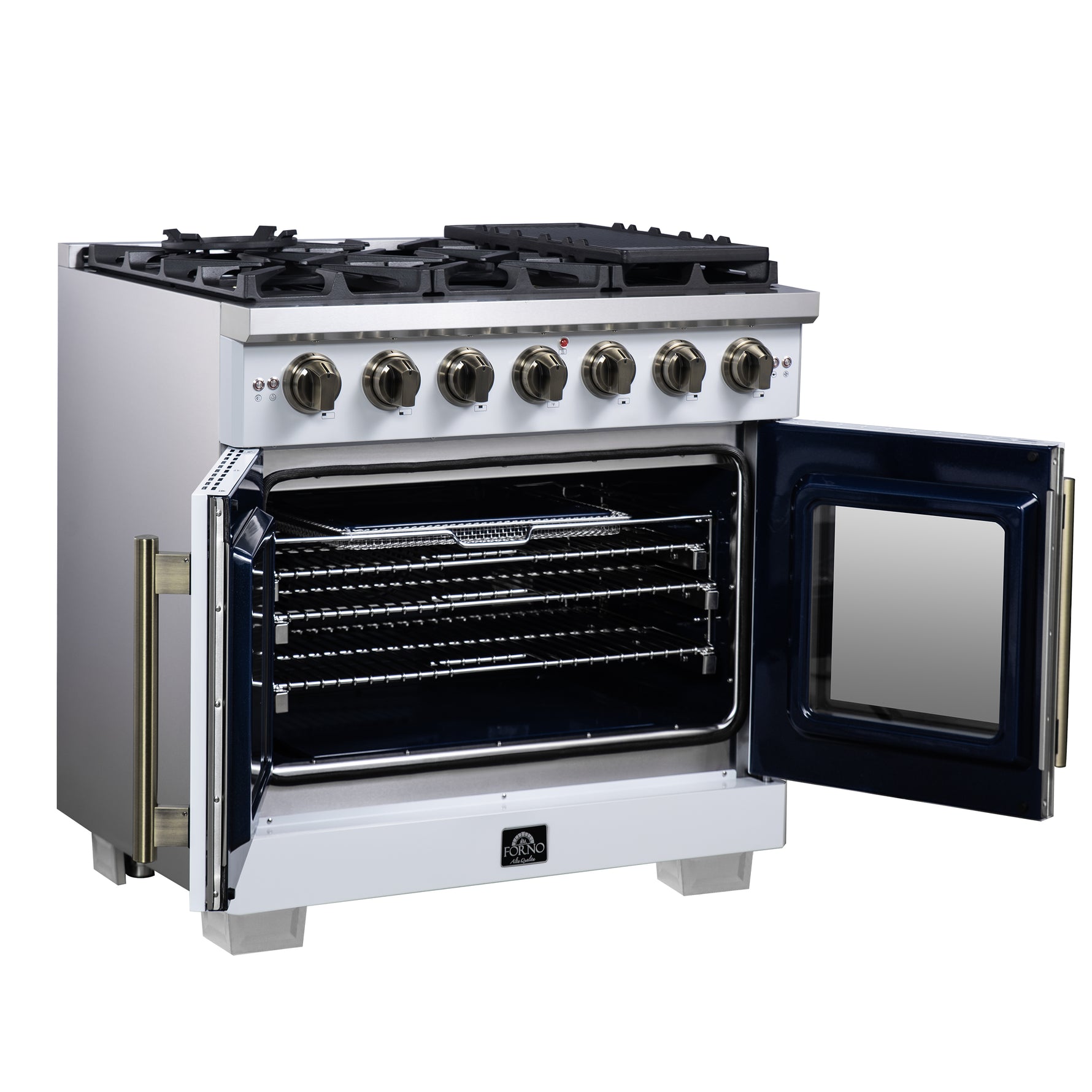 Forno Capriasca 36-Inch White Freestanding French Door Gas Range, 6 Burners, Convection Oven, Energy Efficient - BonPrix Électroménagers