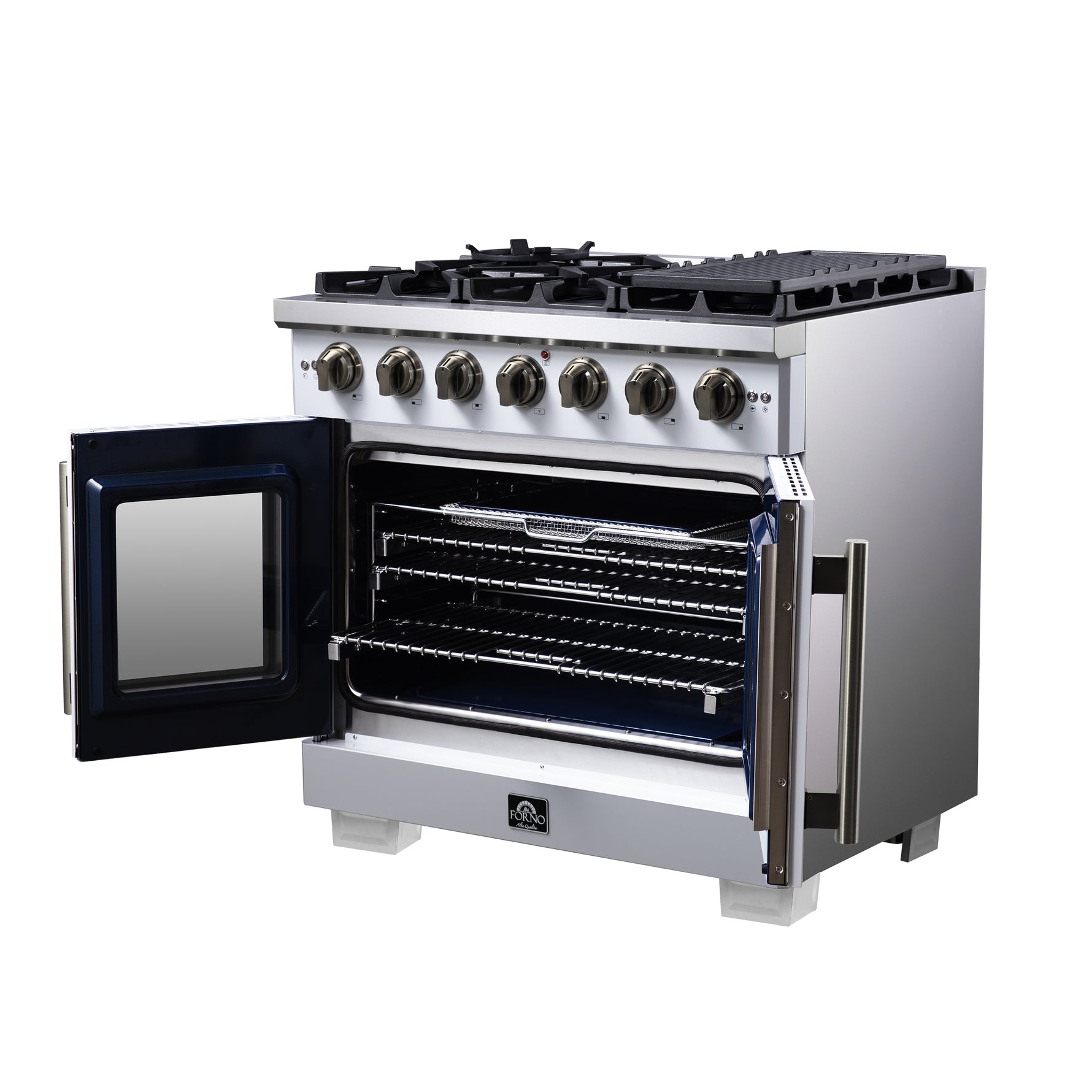 Forno Capriasca 36-Inch White Freestanding French Door Gas Range, 6 Burners, Convection Oven, Energy Efficient - BonPrix Électroménagers