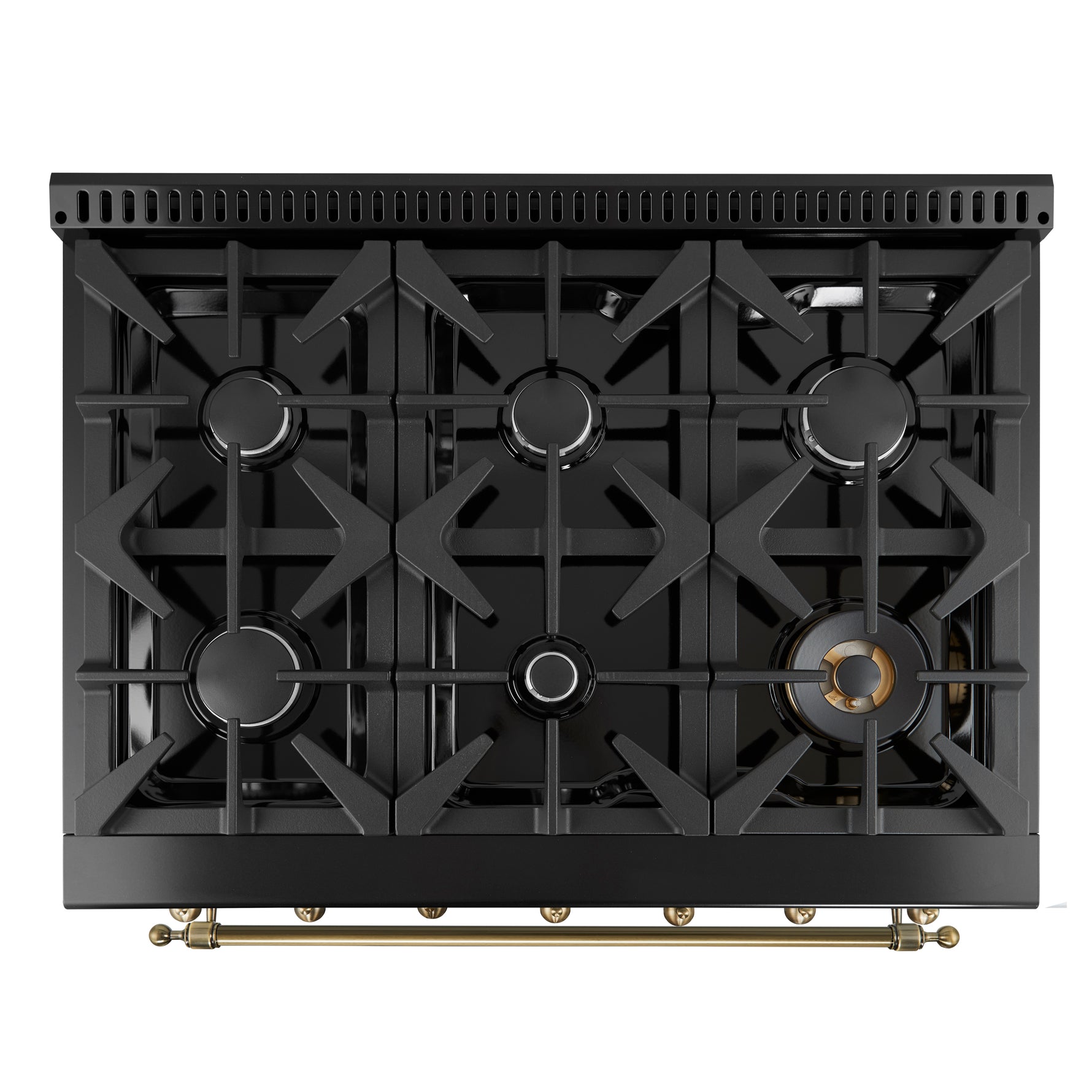 Forno Antico 36-Inch Freestanding Gas Range, Black, Antique Brass Design, 6 Burners, Convection Oven, Energy Efficient - BonPrix Électroménagers