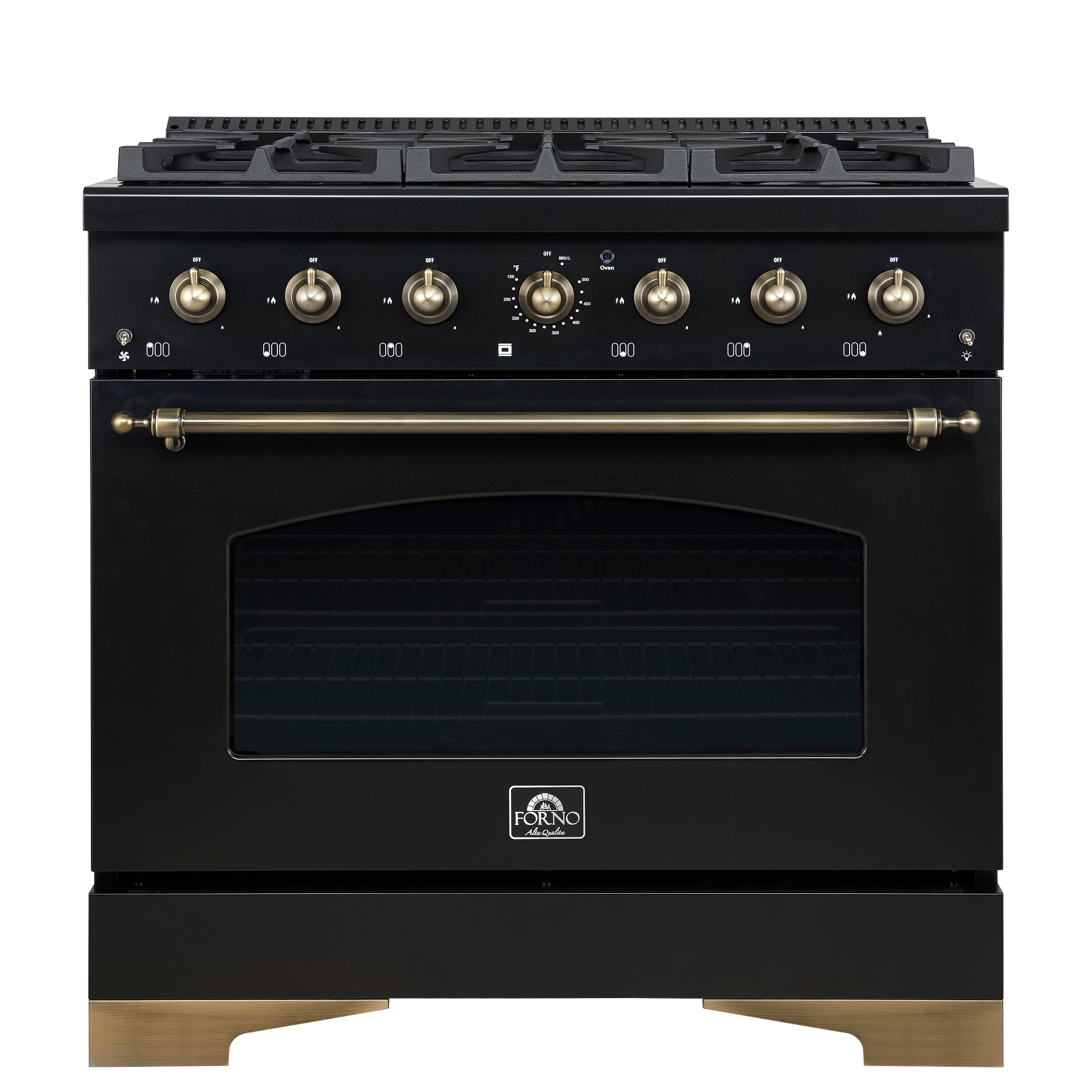 Forno Antico 36-Inch Freestanding Gas Range, Black, Antique Brass Design, 6 Burners, Convection Oven, Energy Efficient - BonPrix Électroménagers