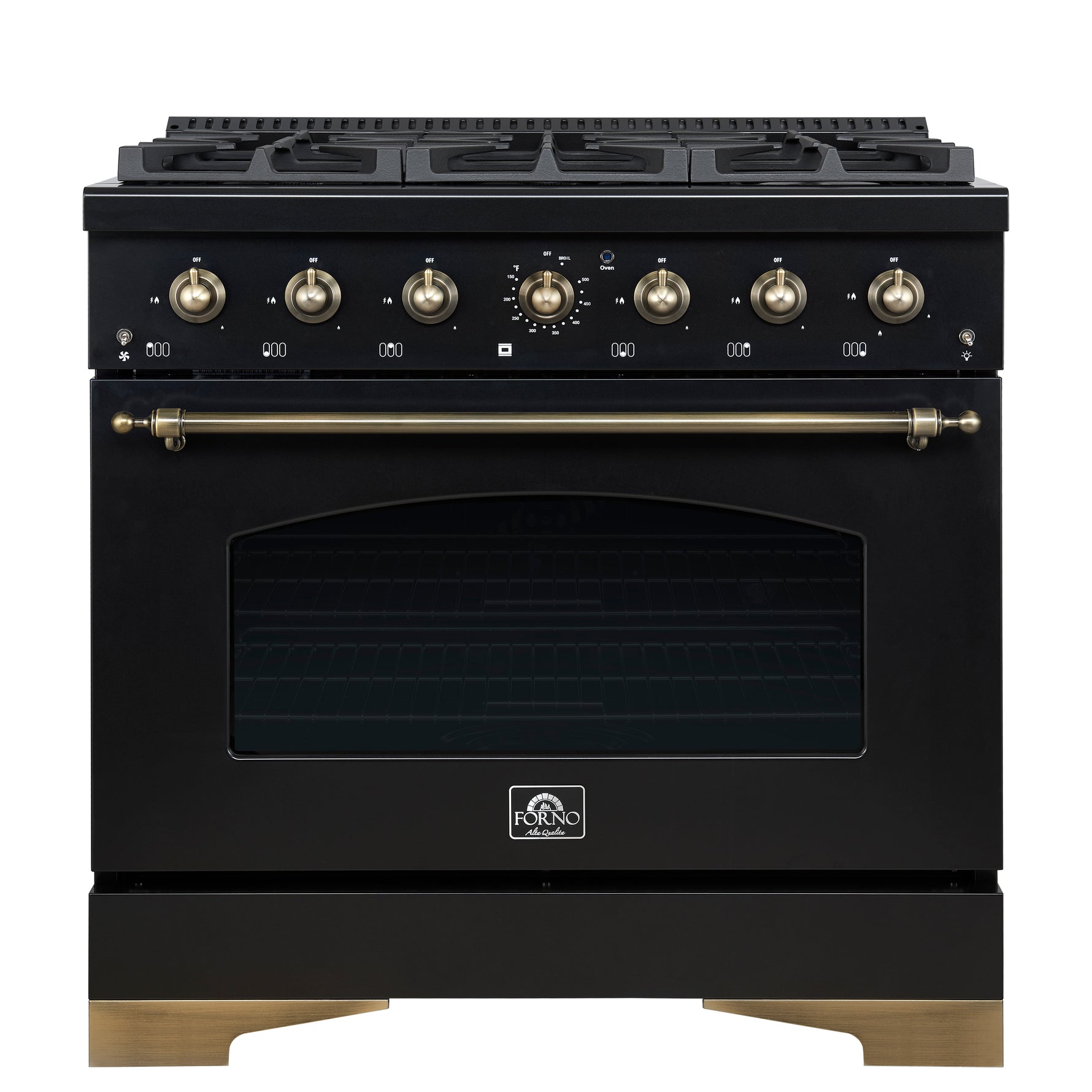 Forno Antico 36-Inch Freestanding Gas Range, Black, Antique Brass Design, 6 Burners, Convection Oven, Energy Efficient - BonPrix Électroménagers