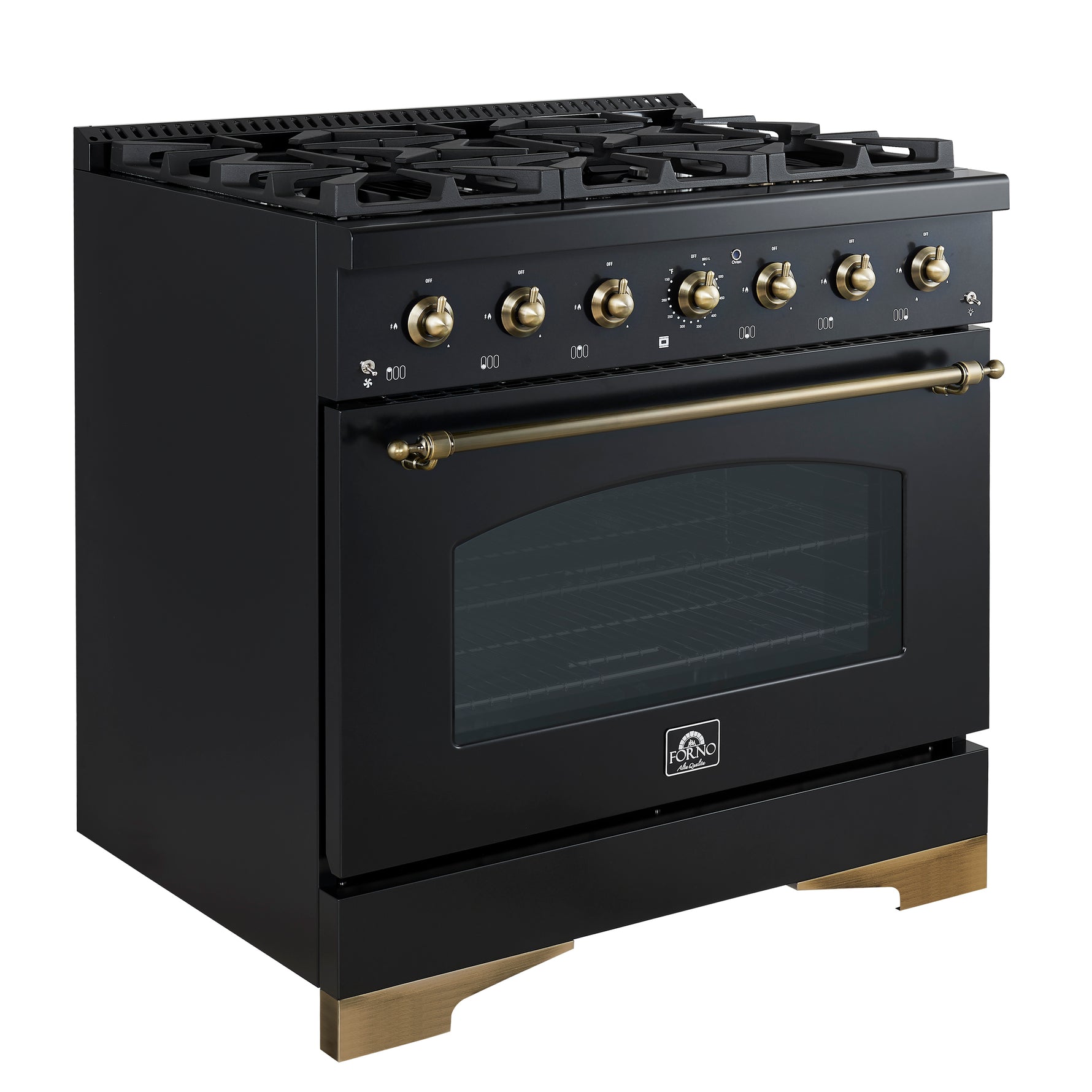 Forno Antico 36-Inch Freestanding Gas Range, Black, Antique Brass Design, 6 Burners, Convection Oven, Energy Efficient - BonPrix Électroménagers