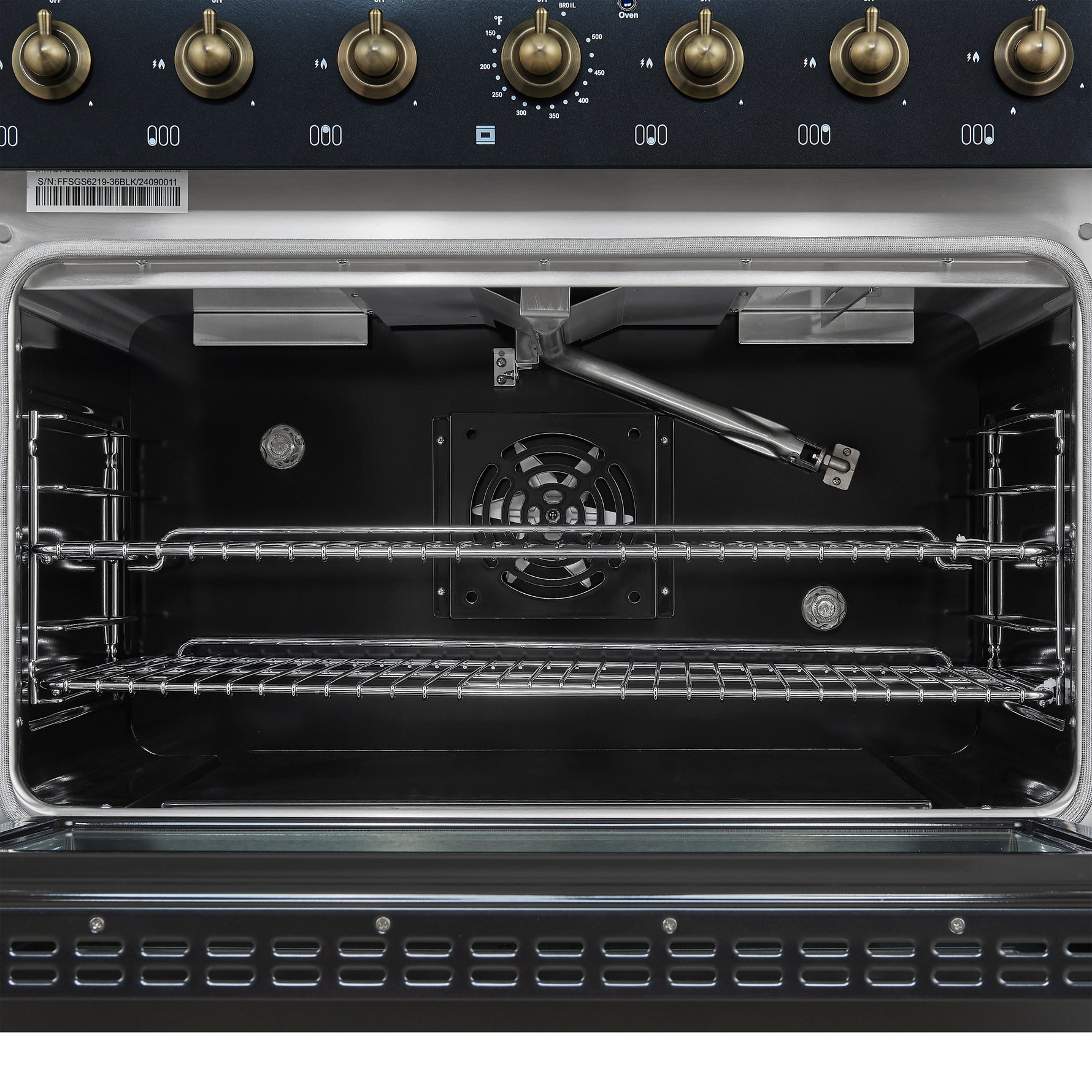 Forno Antico 36-Inch Freestanding Gas Range, Black, Antique Brass Design, 6 Burners, Convection Oven, Energy Efficient - BonPrix Électroménagers