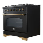 Forno Antico 36-Inch Freestanding Gas Range, Black, Antique Brass Design, 6 Burners, Convection Oven, Energy Efficient - BonPrix Électroménagers