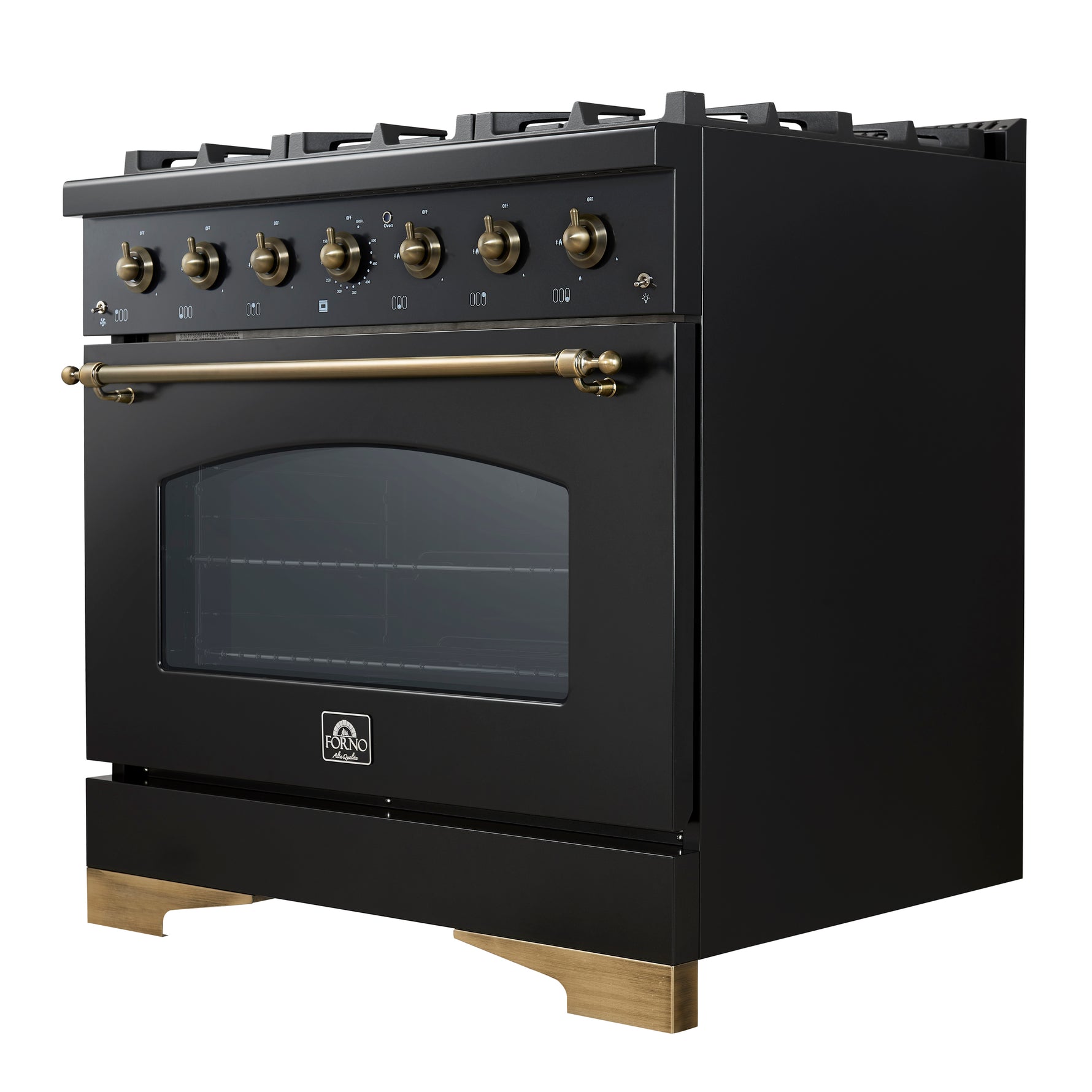 Forno Antico 36-Inch Freestanding Gas Range, Black, Antique Brass Design, 6 Burners, Convection Oven, Energy Efficient - BonPrix Électroménagers