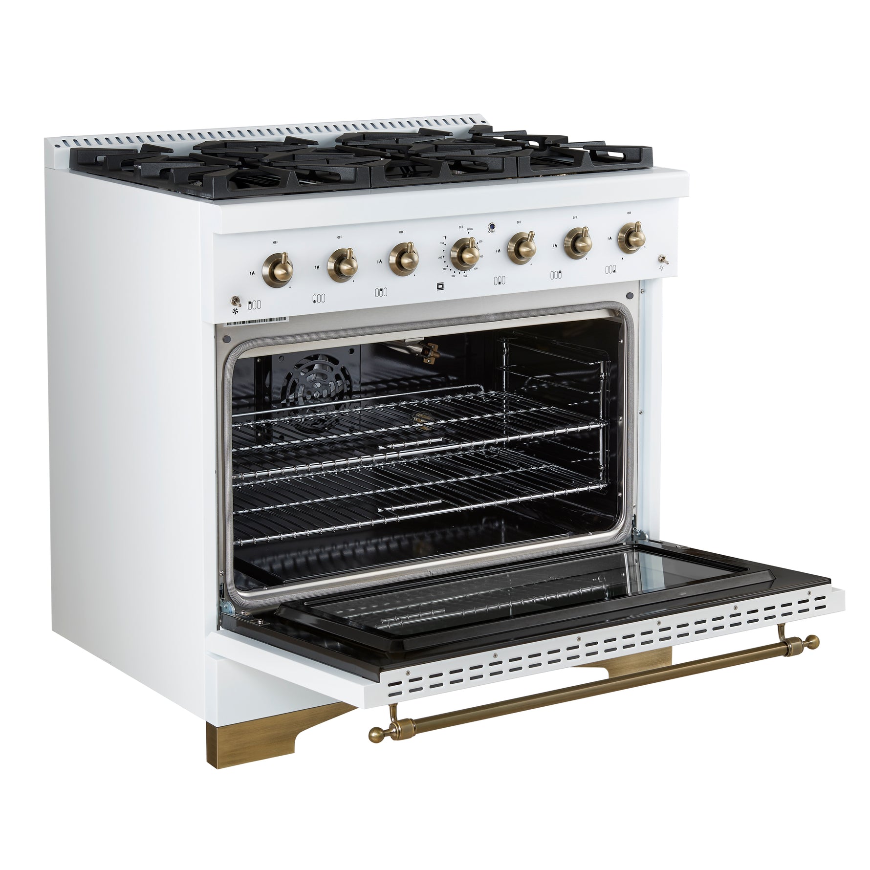 Forno Antico 36-Inch Freestanding Gas Range, White, Antique Brass Design, 6 Burners, Convection Oven, Energy Efficient - BonPrix Électroménagers
