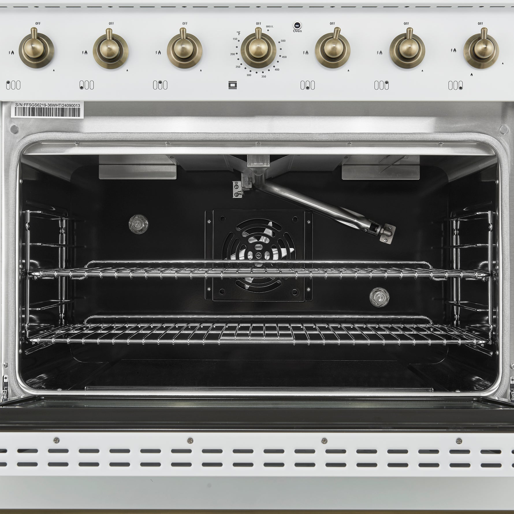 Forno Antico 36-Inch Freestanding Gas Range, White, Antique Brass Design, 6 Burners, Convection Oven, Energy Efficient - BonPrix Électroménagers