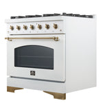 Forno Antico 36-Inch Freestanding Gas Range, White, Antique Brass Design, 6 Burners, Convection Oven, Energy Efficient - BonPrix Électroménagers