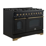 Forno Antico 48-Inch Freestanding Gas Range, Black, Antique Brass Design, 8 Burners, Griddle, Double Ovens, Energy Efficient - BonPrix Électroménagers