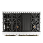 Forno Antico 48-Inch Freestanding Gas Range, White, Antique Brass Design, 8 Burners, Griddle, Double Ovens, Energy Efficient - BonPrix Électroménagers
