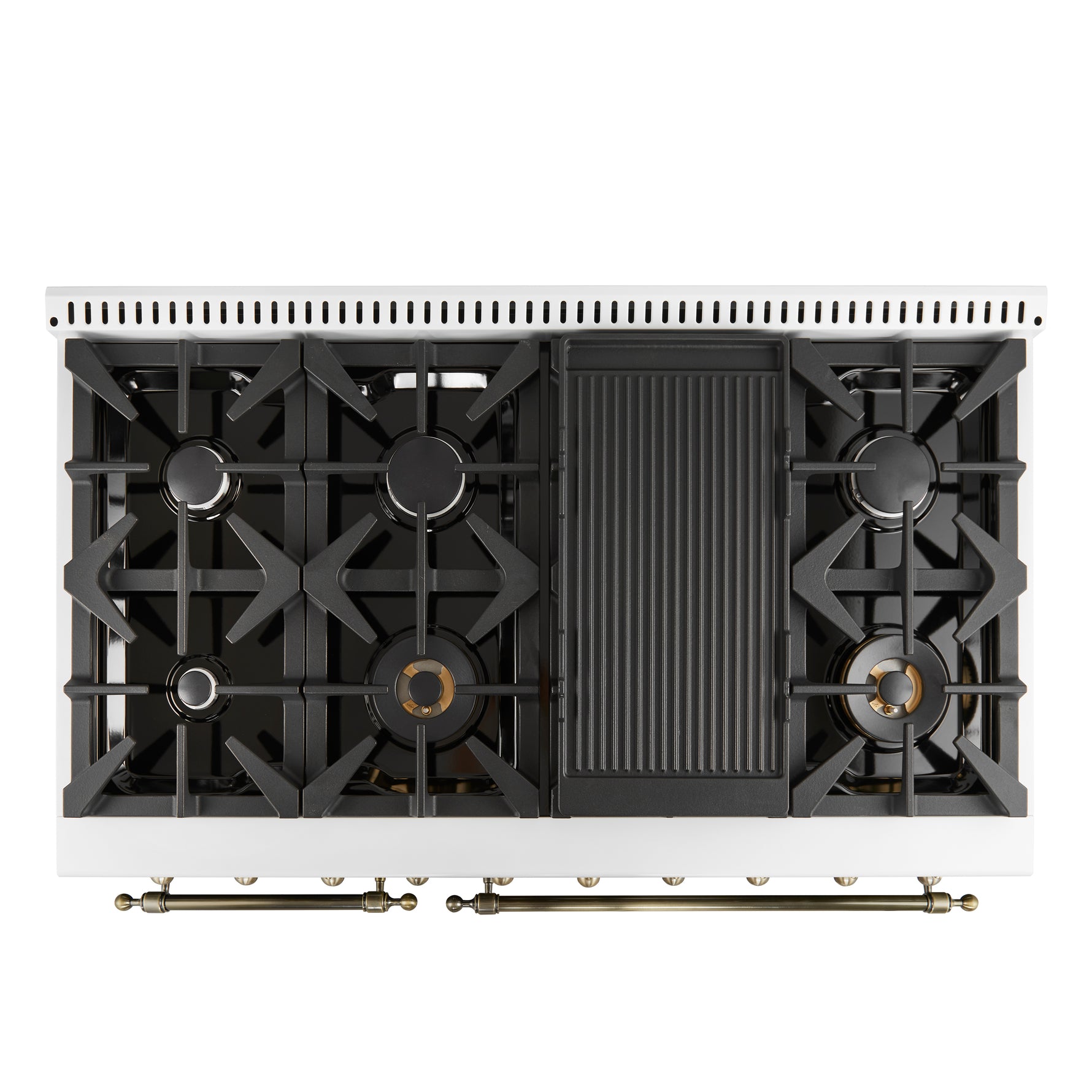 Forno Antico 48-Inch Freestanding Gas Range, White, Antique Brass Design, 8 Burners, Griddle, Double Ovens, Energy Efficient - BonPrix Électroménagers