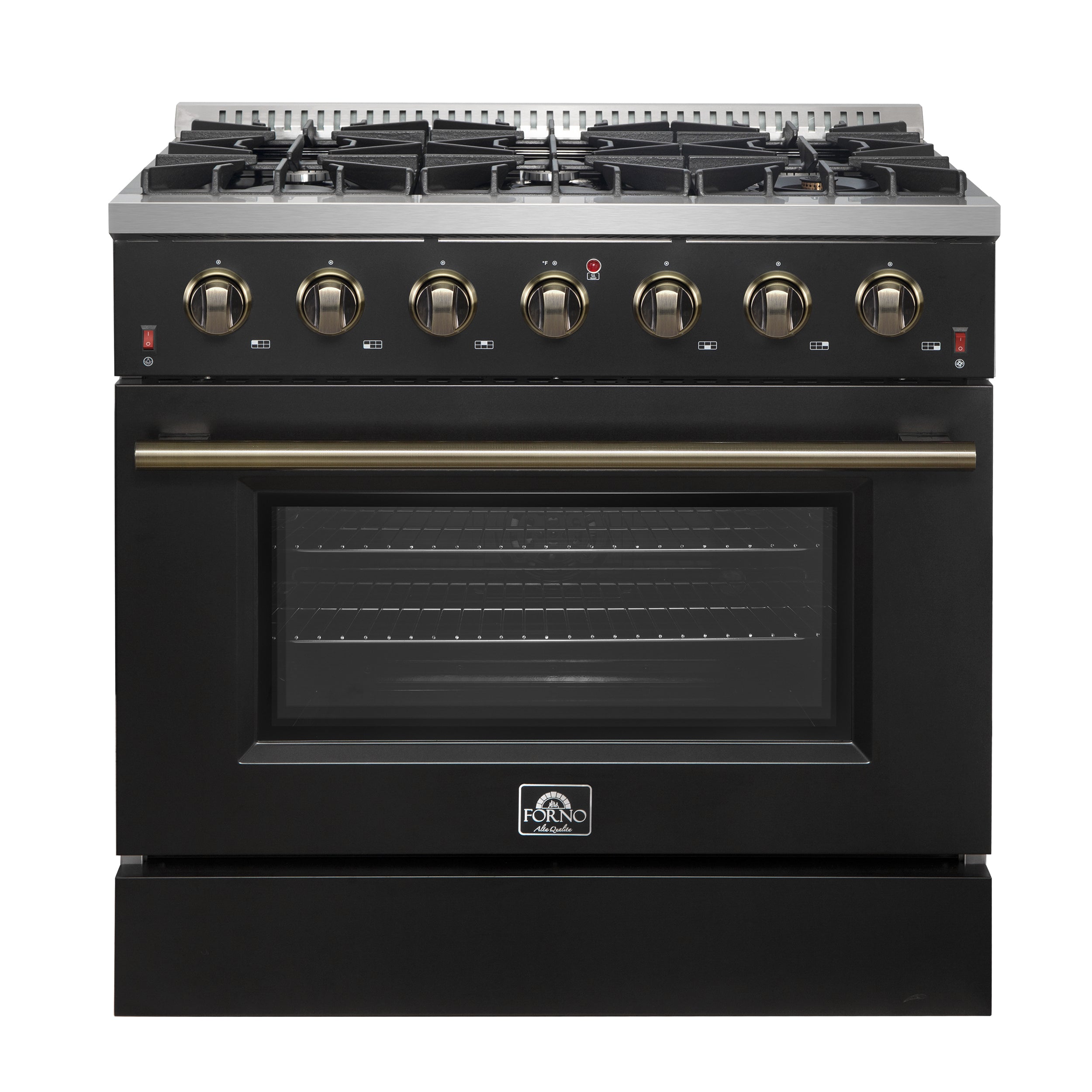 Forno Galiano 36-inch Freestanding Gas Range in Black with Antique Brass Design, 6 Burners, 83,000 BTU, 5.36 cu.ft. Convection Oven - BonPrix Électroménagers