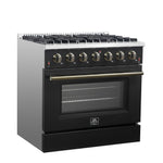 Forno Galiano 36-inch Freestanding Gas Range in Black with Antique Brass Design, 6 Burners, 83,000 BTU, 5.36 cu.ft. Convection Oven - BonPrix Électroménagers