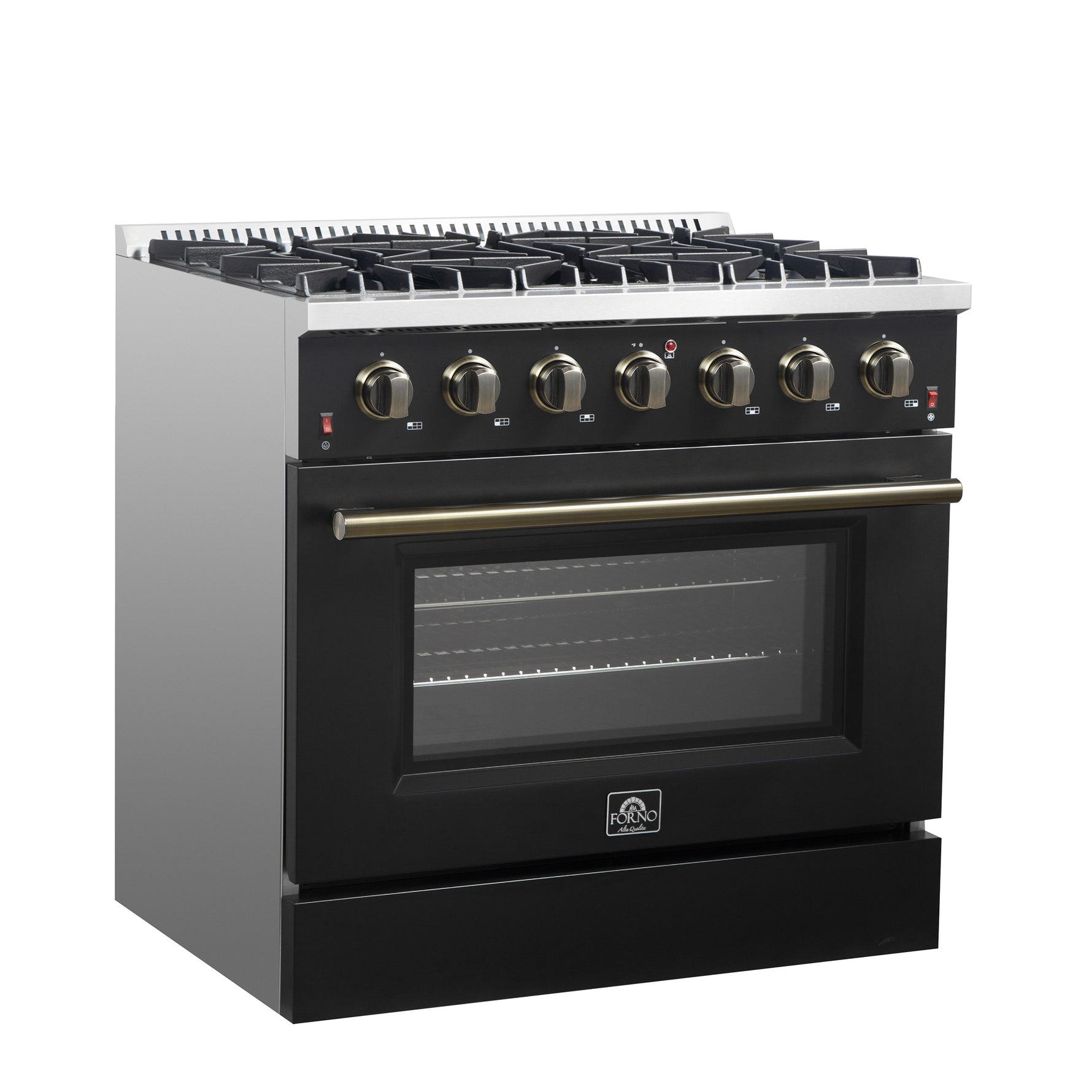 Forno Galiano 36-inch Freestanding Gas Range in Black with Antique Brass Design, 6 Burners, 83,000 BTU, 5.36 cu.ft. Convection Oven - BonPrix Électroménagers