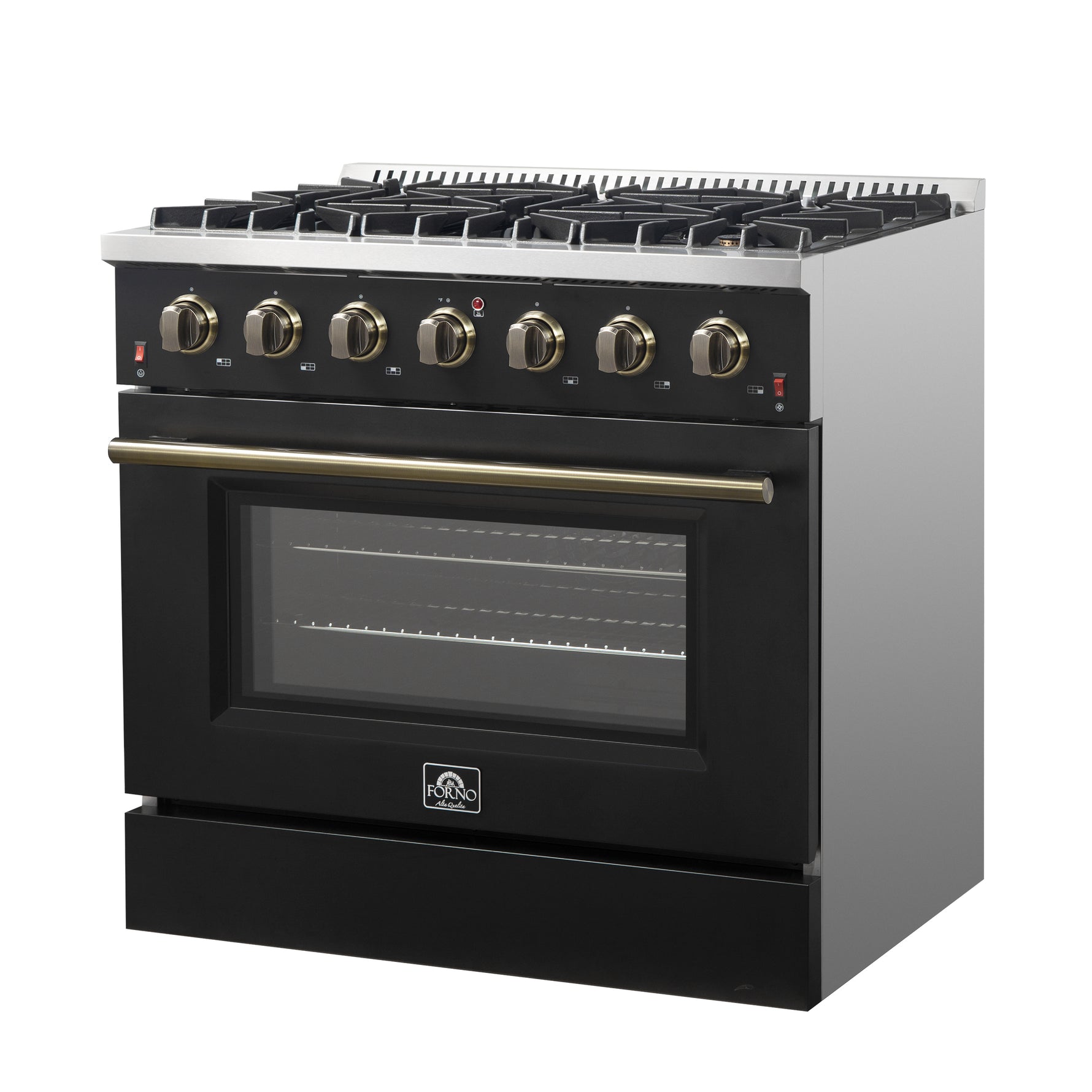 Forno Galiano 36-inch Freestanding Gas Range in Black with Antique Brass Design, 6 Burners, 83,000 BTU, 5.36 cu.ft. Convection Oven - BonPrix Électroménagers