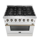 Forno Galiano 36-inch Freestanding Gas Range in White with Antique Brass Design, 6 Burners, 83,000 BTU, 5.36 cu.ft. Convection Oven - BonPrix Électroménagers
