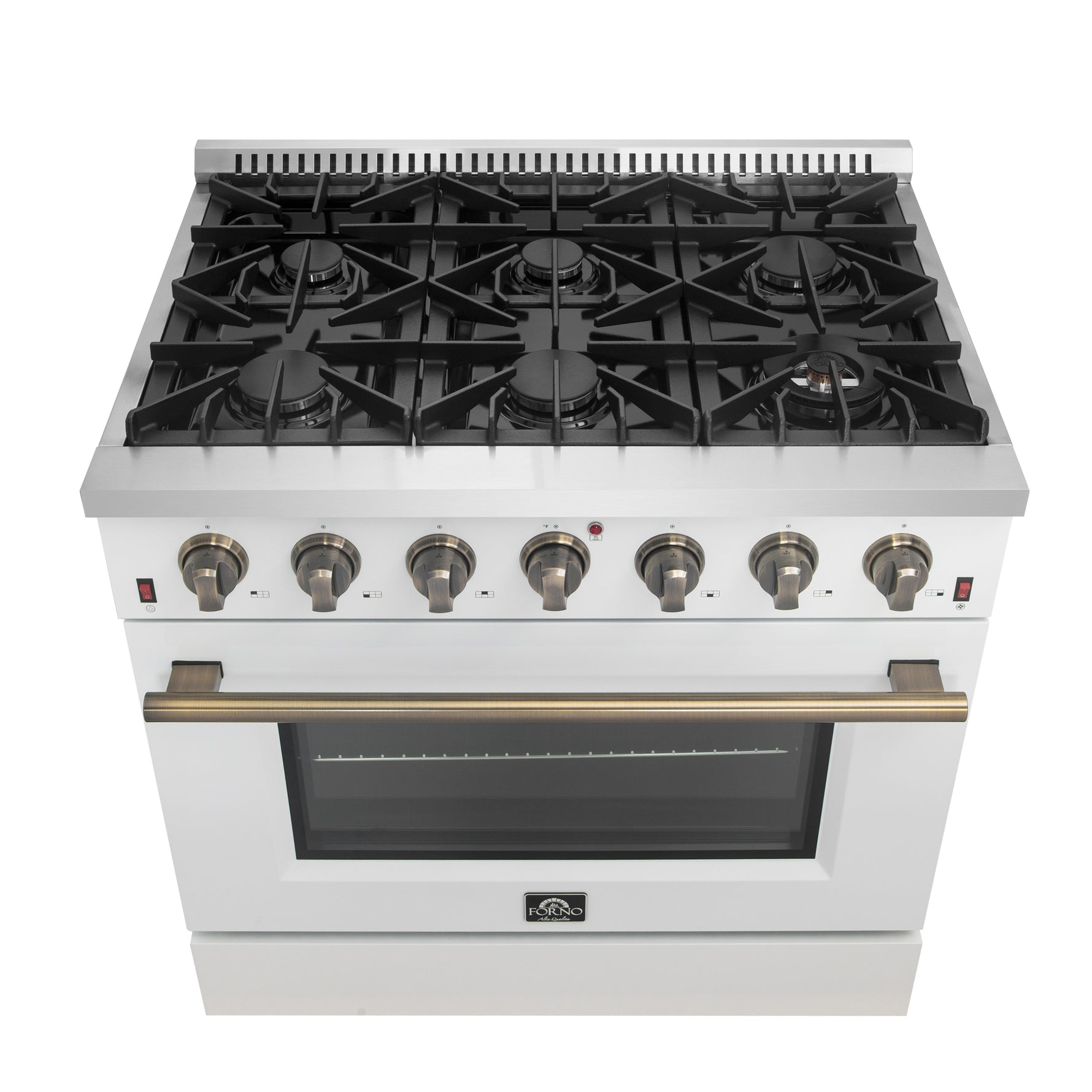 Forno Galiano 36-inch Freestanding Gas Range in White with Antique Brass Design, 6 Burners, 83,000 BTU, 5.36 cu.ft. Convection Oven - BonPrix Électroménagers