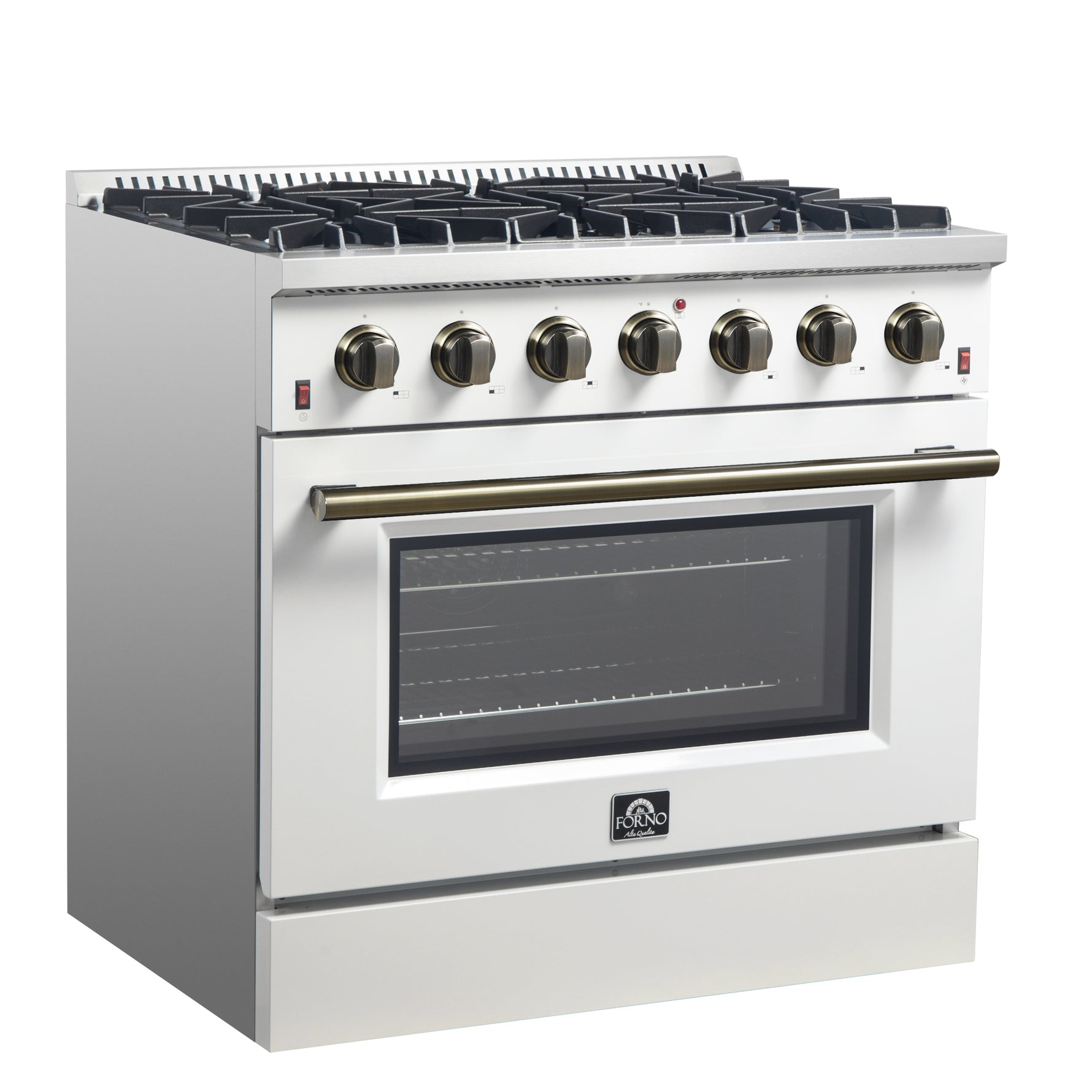 Forno Galiano 36-inch Freestanding Gas Range in White with Antique Brass Design, 6 Burners, 83,000 BTU, 5.36 cu.ft. Convection Oven - BonPrix Électroménagers